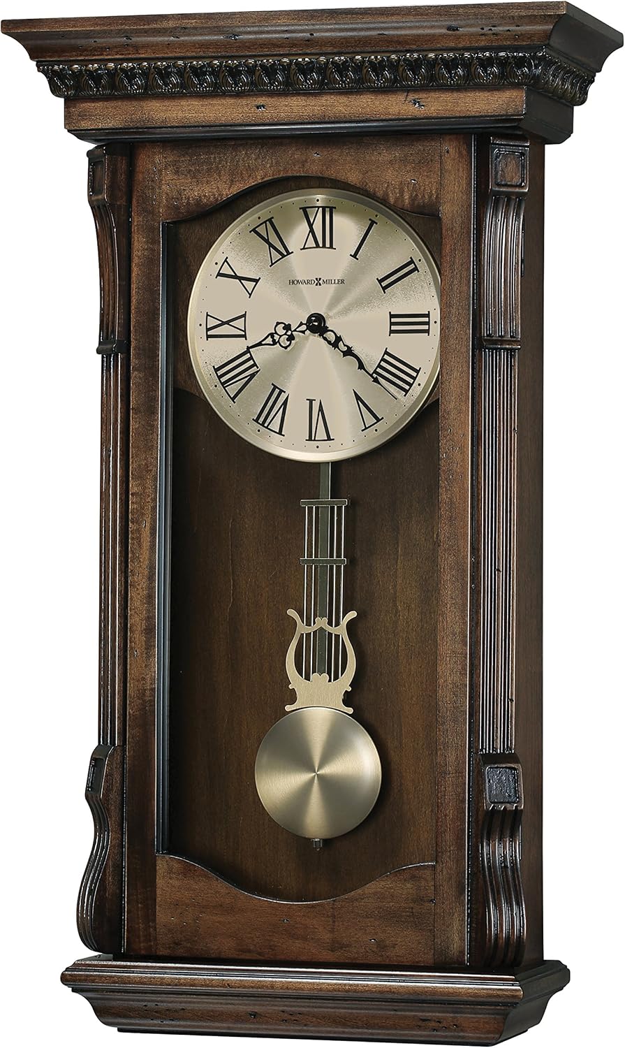 Howard Miller Agatha Wall Clock – Wooden Pendulum Clock with Triple-Chime Quartz Movement, Battery Operated, Acanthus Molding Detail