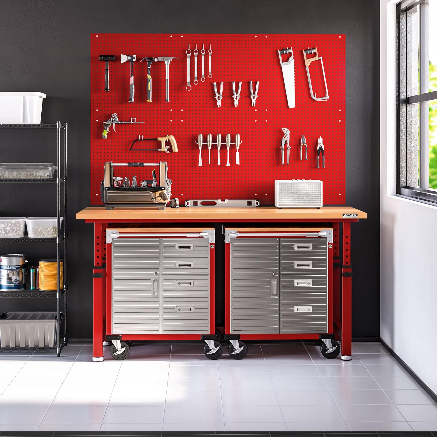 Seville Classics UltraHD Heavy Duty Rolling Cabinet Workbench Table w/Solid Wood Top, Workstation for Garage, Office, Workshop, Granite, 6-Drawer (28" W x 18" D
