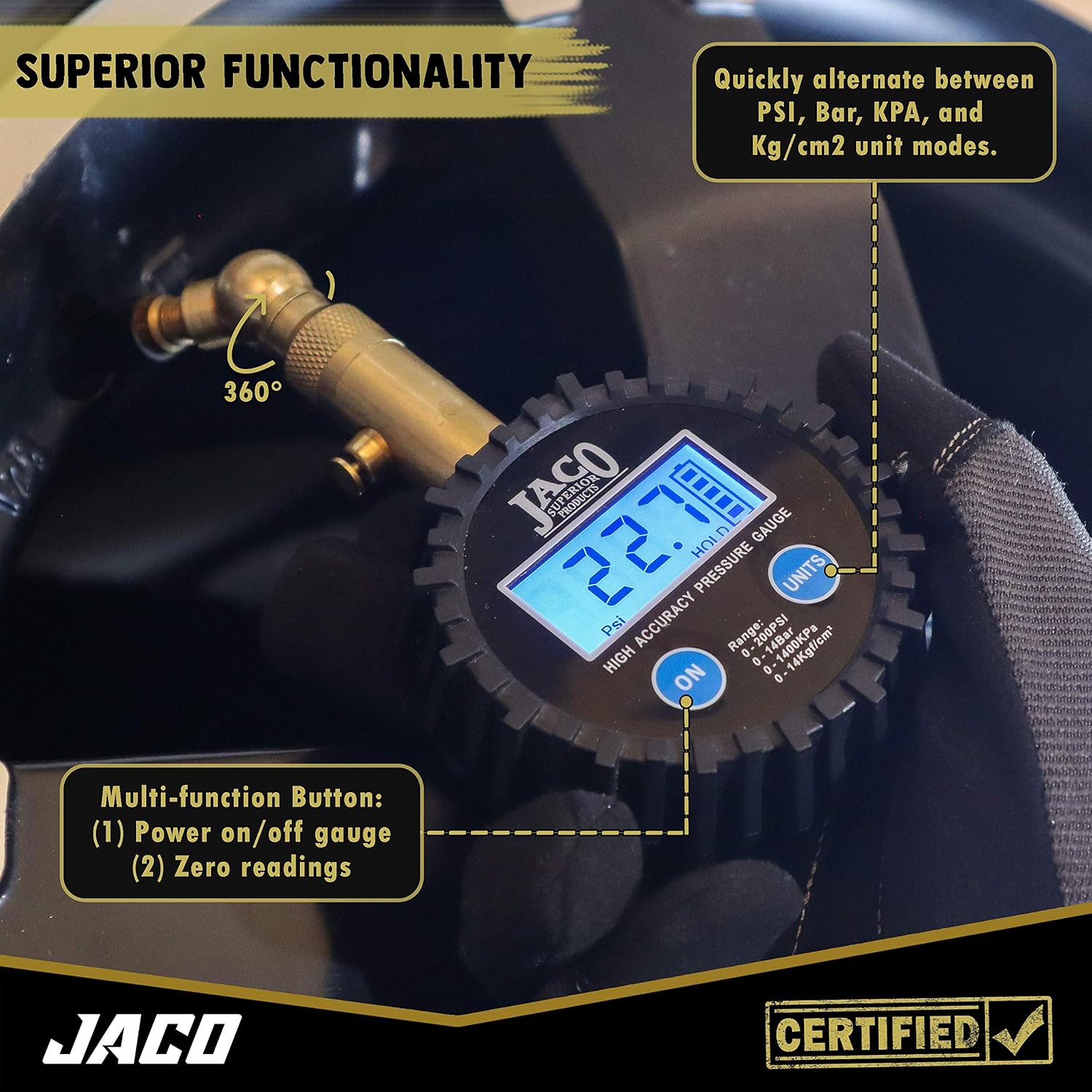 JACO Elite Digital Tire Pressure Gauge - Professional Accuracy - 100 PSI