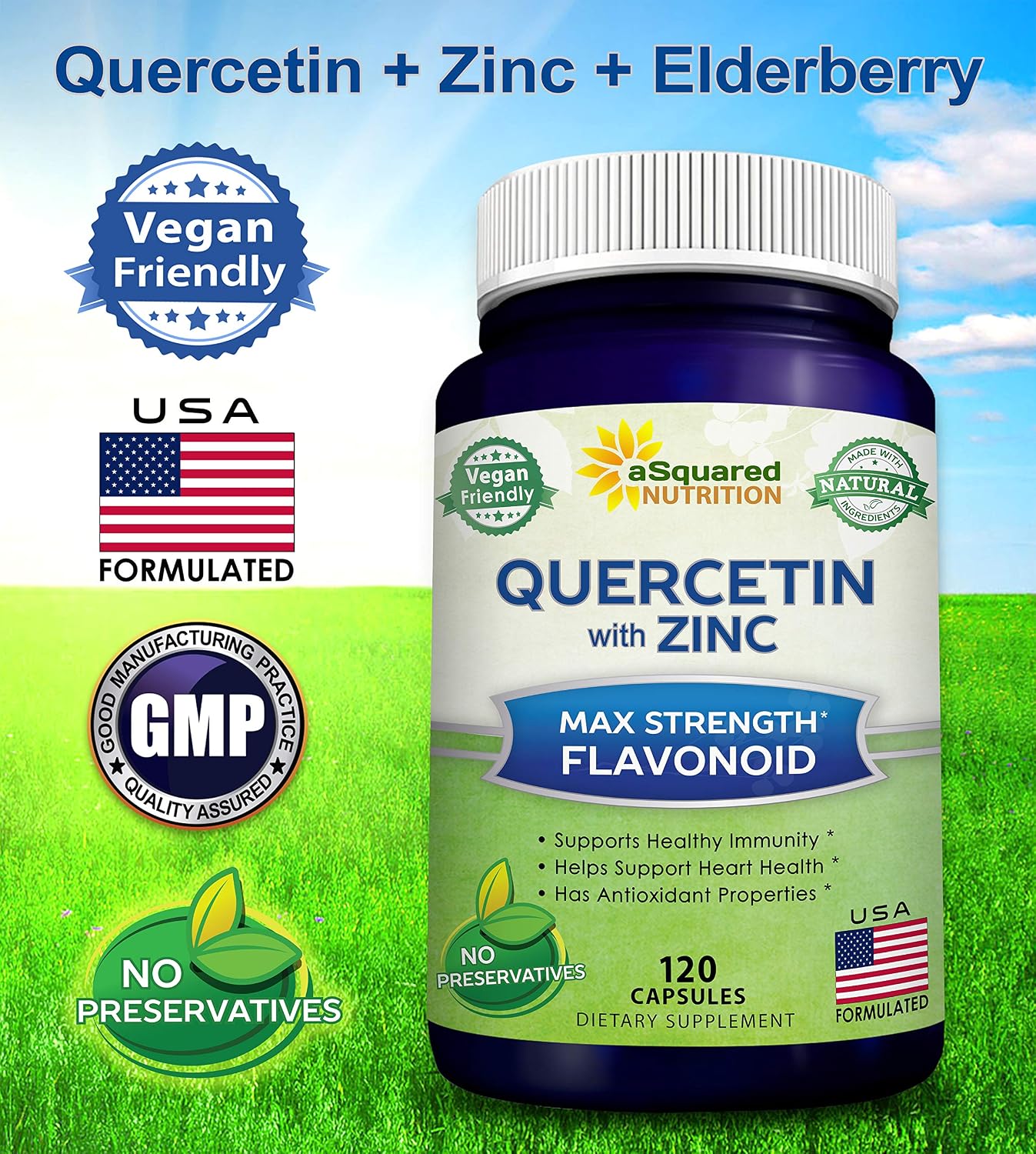 Quercetin with Zinc Supplement - 1000mg Per Serving - 120 Capsules