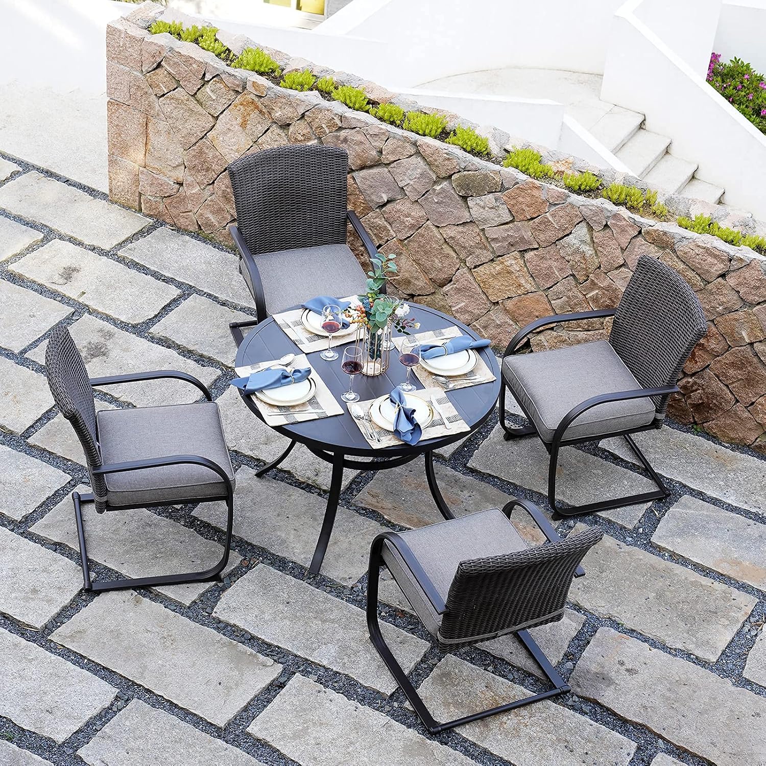 Grand patio 4 Pieces Outdoor Patio Metal Dining Chairs, C-Spring Motion Wicker Dining Chairs Set of 4 with Seat Cushions for Lawn Garden Backyard Deck