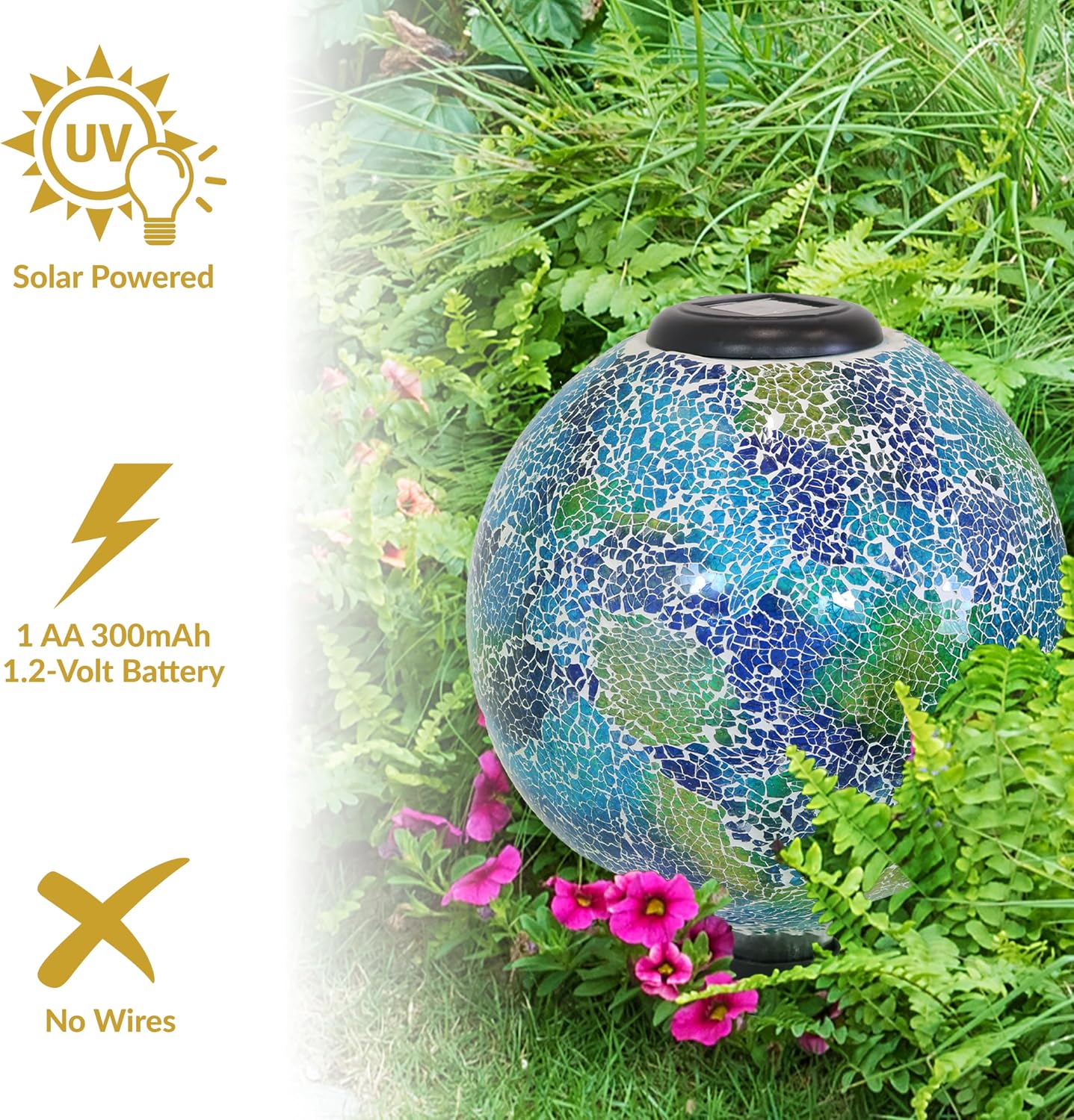 Sunnydaze Solar Gazing Ball for Garden, Mosaic Cool Blooms