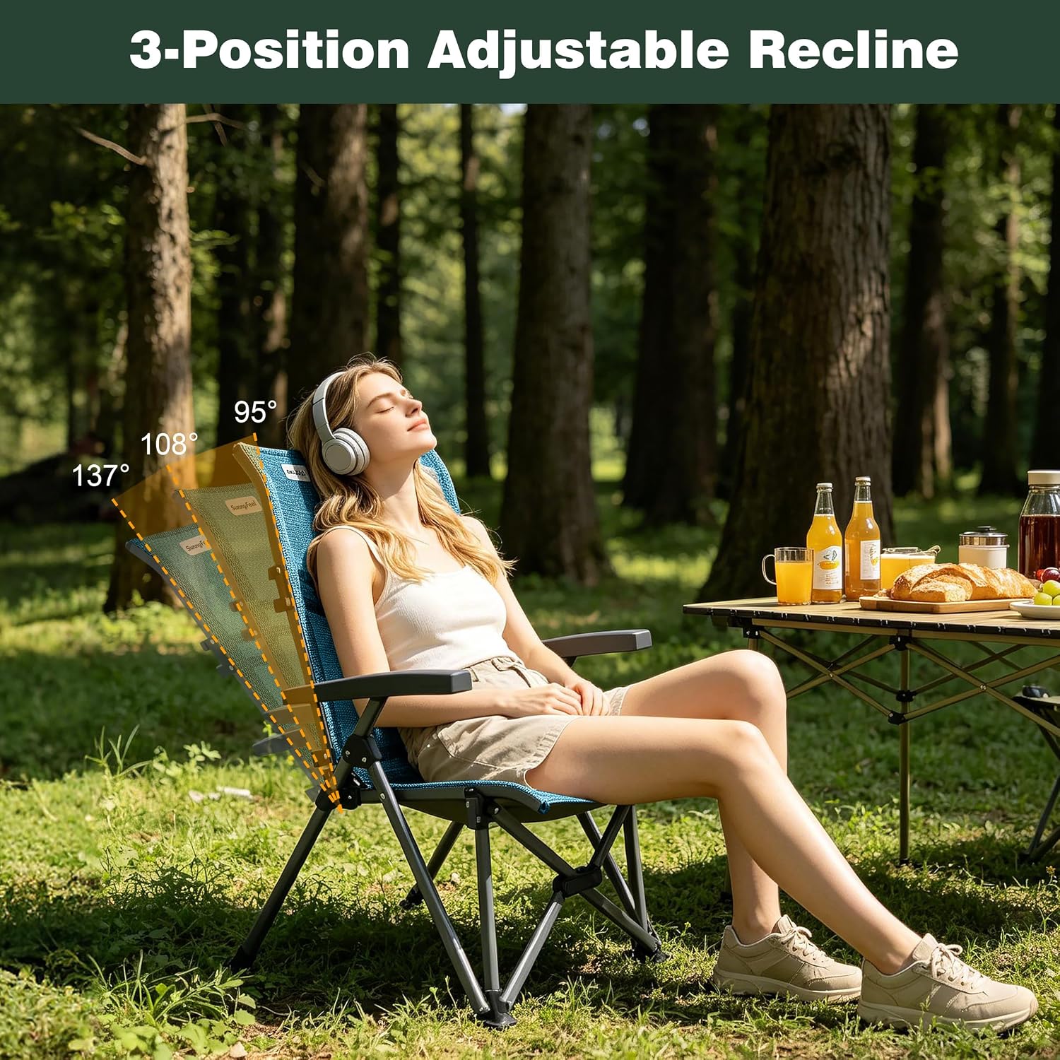 SUNNYFEEL High Back Folding Camping Chair 500 lbs with Aluminum Frame, Grey | Ergonomic Back Support, High-Resilience Fabric & Uv-Rated, Detachable Cup Holder and Carry Bag for Camping, Beach, RV, Patio