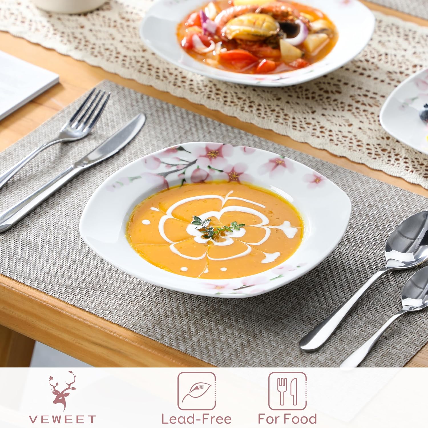 VEWEET 30 PCS Ceramic Dinnerware Sets for 6, Pink Floral Dish Set, ANNIE | Porcelain Dinner Set Including Dessert Plates, Soup Plates, Dinner Plates, Cups & Saucers, Microwave & Dishwasher Safe