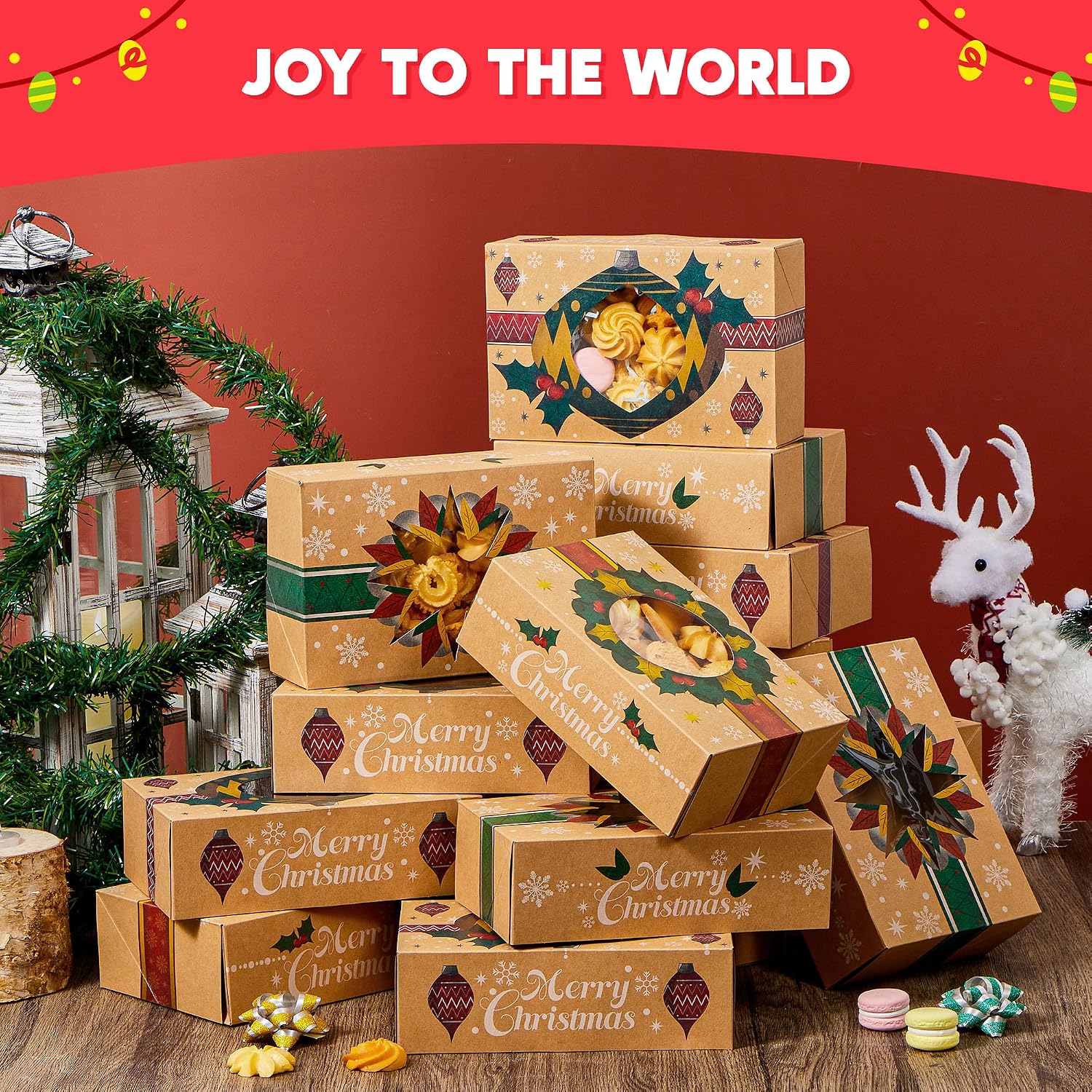 JOYIN 24PCS Christmas Cookie Boxes for Gift Giving, 8.75" x 5.75" x 2.75" Xmas Holiday Bakery Treat Boxes with Window