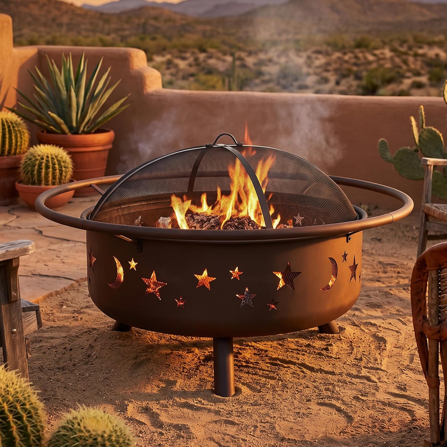Sunnydaze Cosmic 42" Large Outdoor Fire Pit, Wood Burning, 34" Bowl Dia | Bronze, Heavy Duty Steel Metal, Includes Spark Screen, Wood Grate, & Poker, Round Backyard Firepit for Outside, Patio, Deck