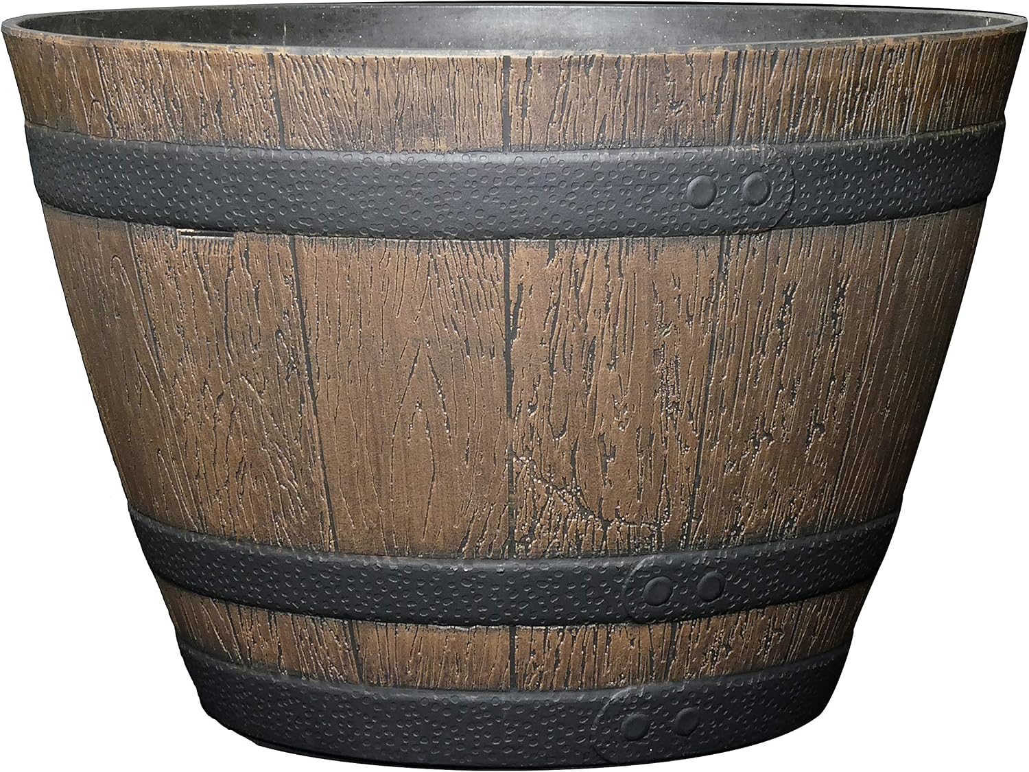 Outdoor Whiskey Resin Flower Pot Barrel Planter, Walnut Brown, 15"