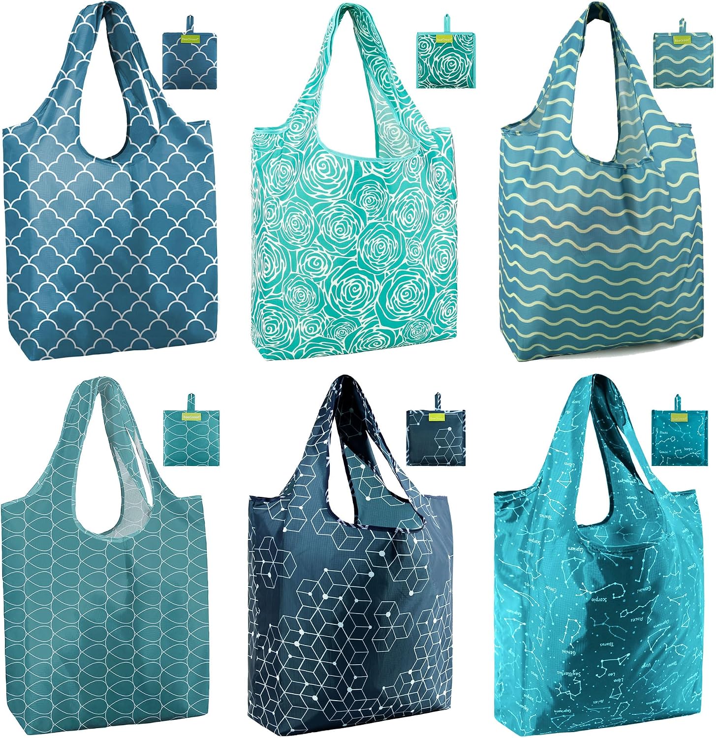 BeeGreen Grocery Bags | Reusable Gift Bags, Large Tote for Women & Foldable Beach Bag - 6 Pack Reusable Bag With Handles | Collapsible Cute Cloth Storage for Market, Holiday & Shopping | Washable​