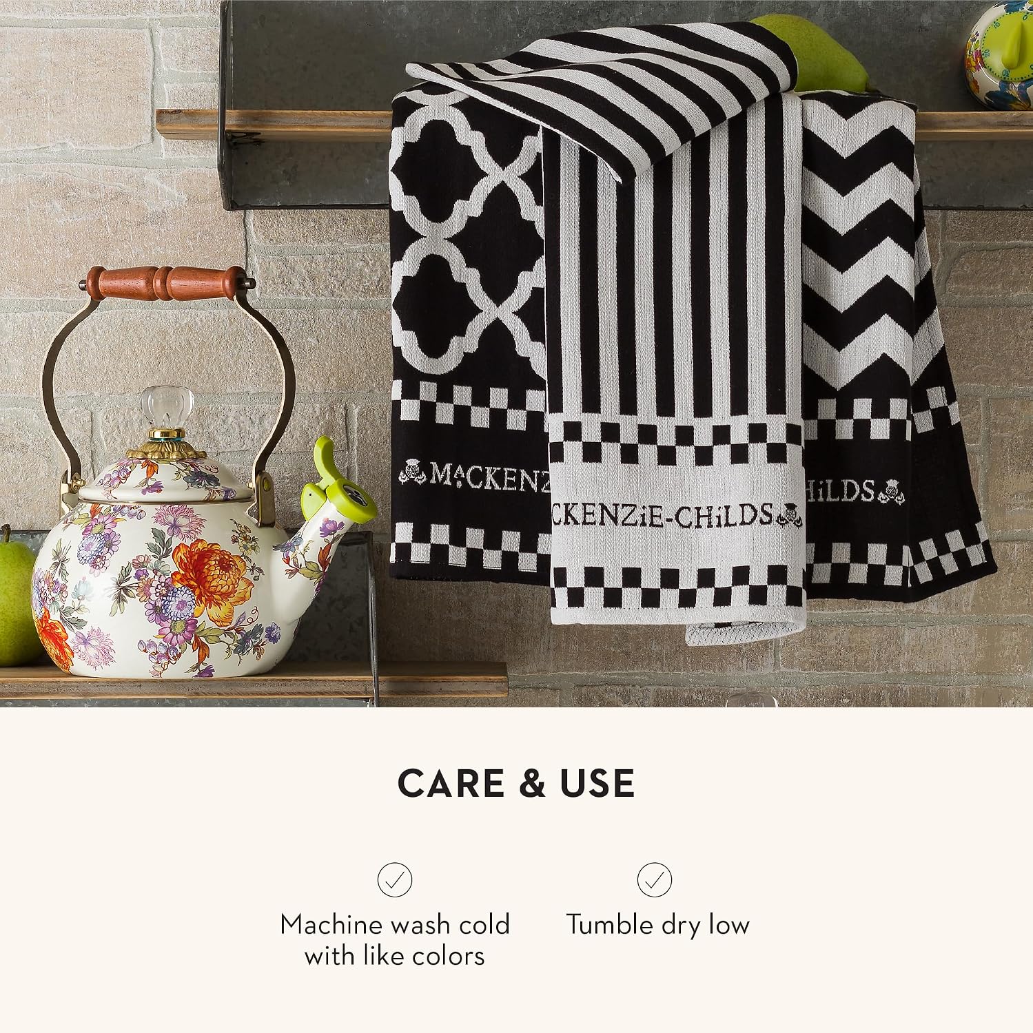 MACKENZIE-CHILDS Set of 3 Cotton Dish Towels, Decorative Kitchen Towels, Black-and-White Zig Zag