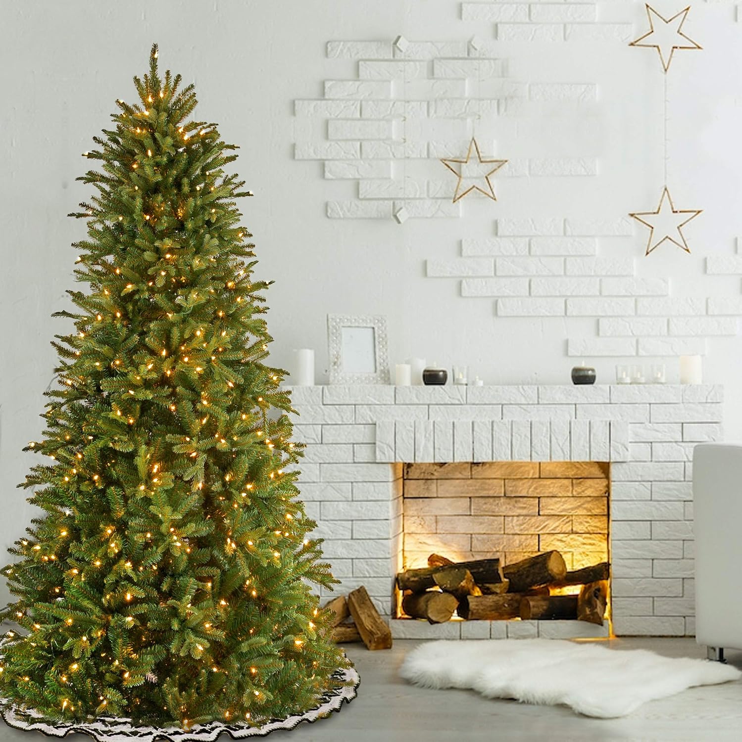 National Tree Company 7.5ft Pre-Lit Tiffany Fir Slim Christmas Tree | 600 Clear Lights, 1,878 Tips, Includes Stand, Artificial, Green