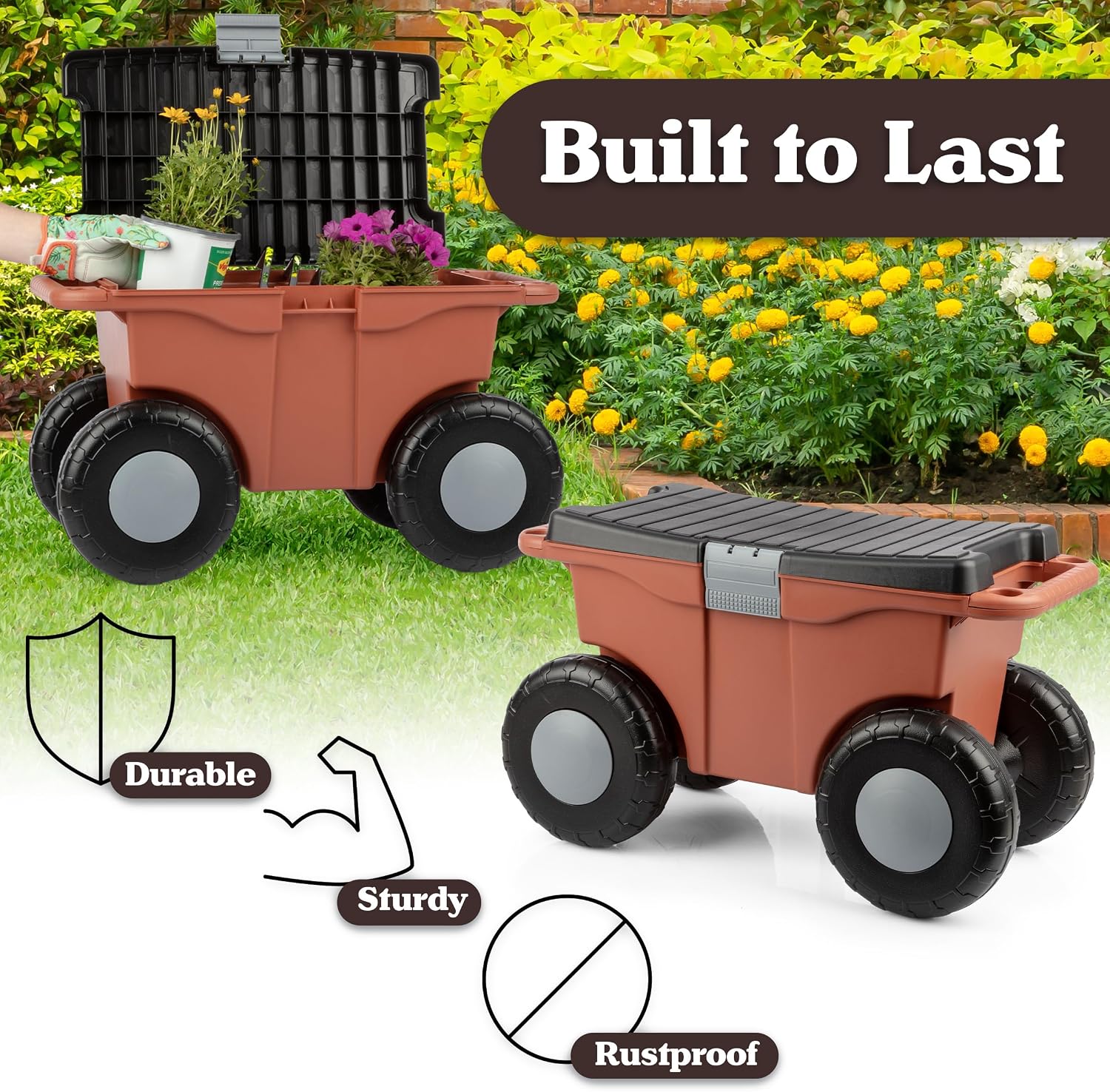 Rolling Garden Cart with Seat - Plastic Storage with Bench and Interior Tool Tray - Gardening Stool for Weeding and Planting By Pure Garden (Green) | Plastic Storage with Bench and Interior Tool Tray - Gardening Stool for Weeding and Planting