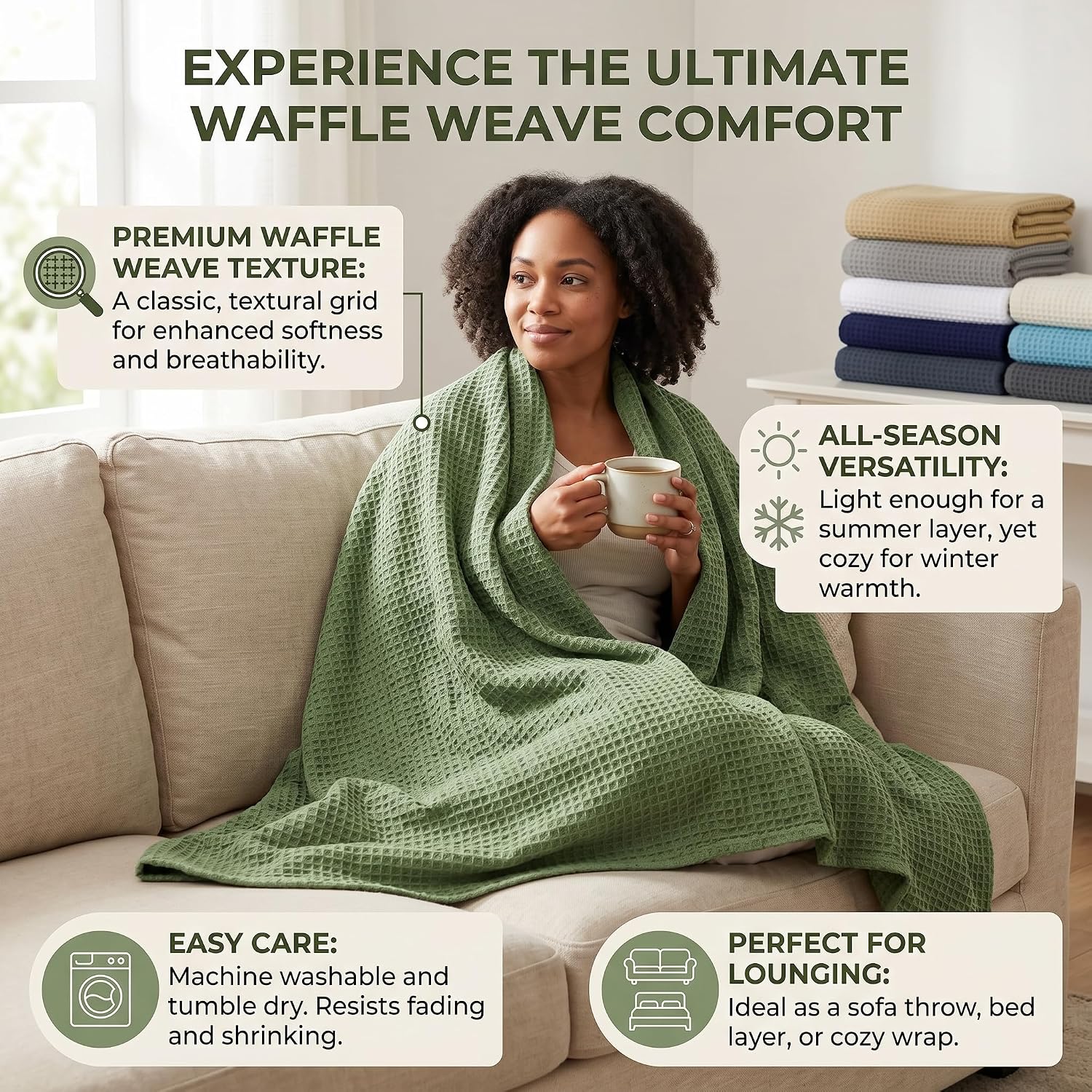 Tex Trend 100% Cotton Waffle Weave Blanket Queen Size - Soft, Breathable Cooling Blanket for Bed, Lightweight Cozy Summer & Spring Bedding, Grey, 90x90