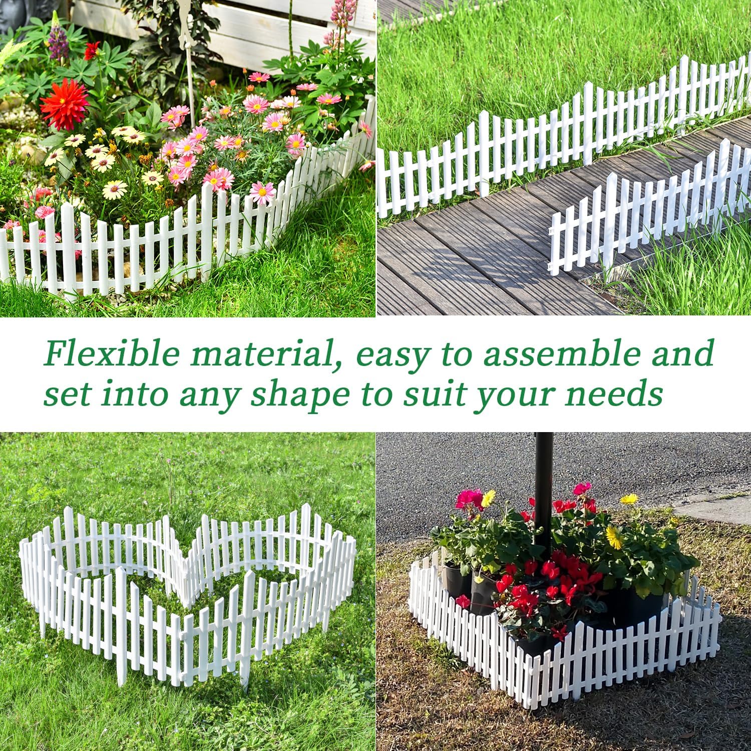 Sungmor Lightweight & Flexible Plastic White Edging Garden Picket Fence, Pack of 4 (One Piece L:24in, W:0.3in, H:13in) Above Ground Height 9.5in