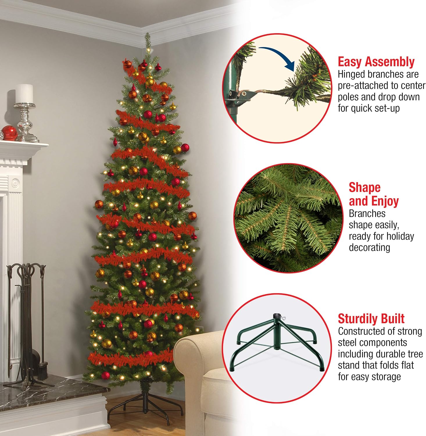 National Tree Company 7 ft Pre-Lit Kingswood Fir Slim Artificial Christmas Tree, 300 Warm White LED Lights, 892 Tips, Includes Stand