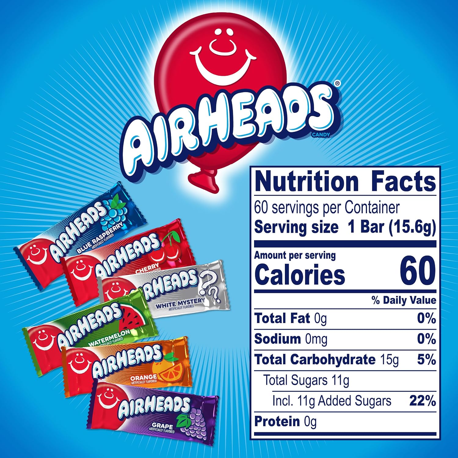 Airheads Full-Size Candy Bars, Assorted Taffy Variety Pack, 60 Count Box | Individually Wrapped Bulk Candy, Six Assorted Fruit Flavors, Artificially Flavored