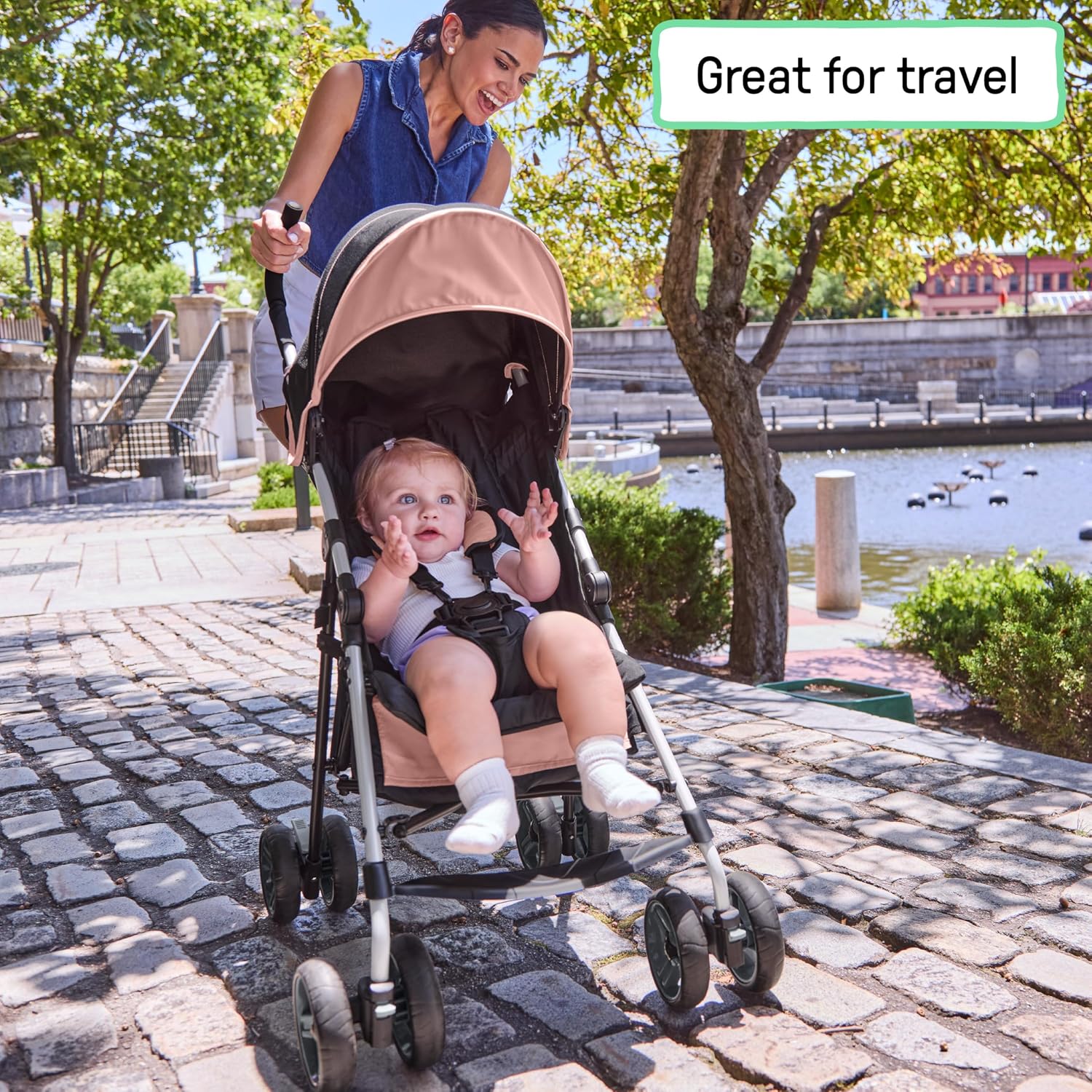 Ingenuity 3D Mini Convenience Stroller – Lightweight Stroller with Compact Fold, Multi-Position Recline, Canopy with Pop Out Sun Visor – Umbrella Stroller for Travel & More, Blue/Black