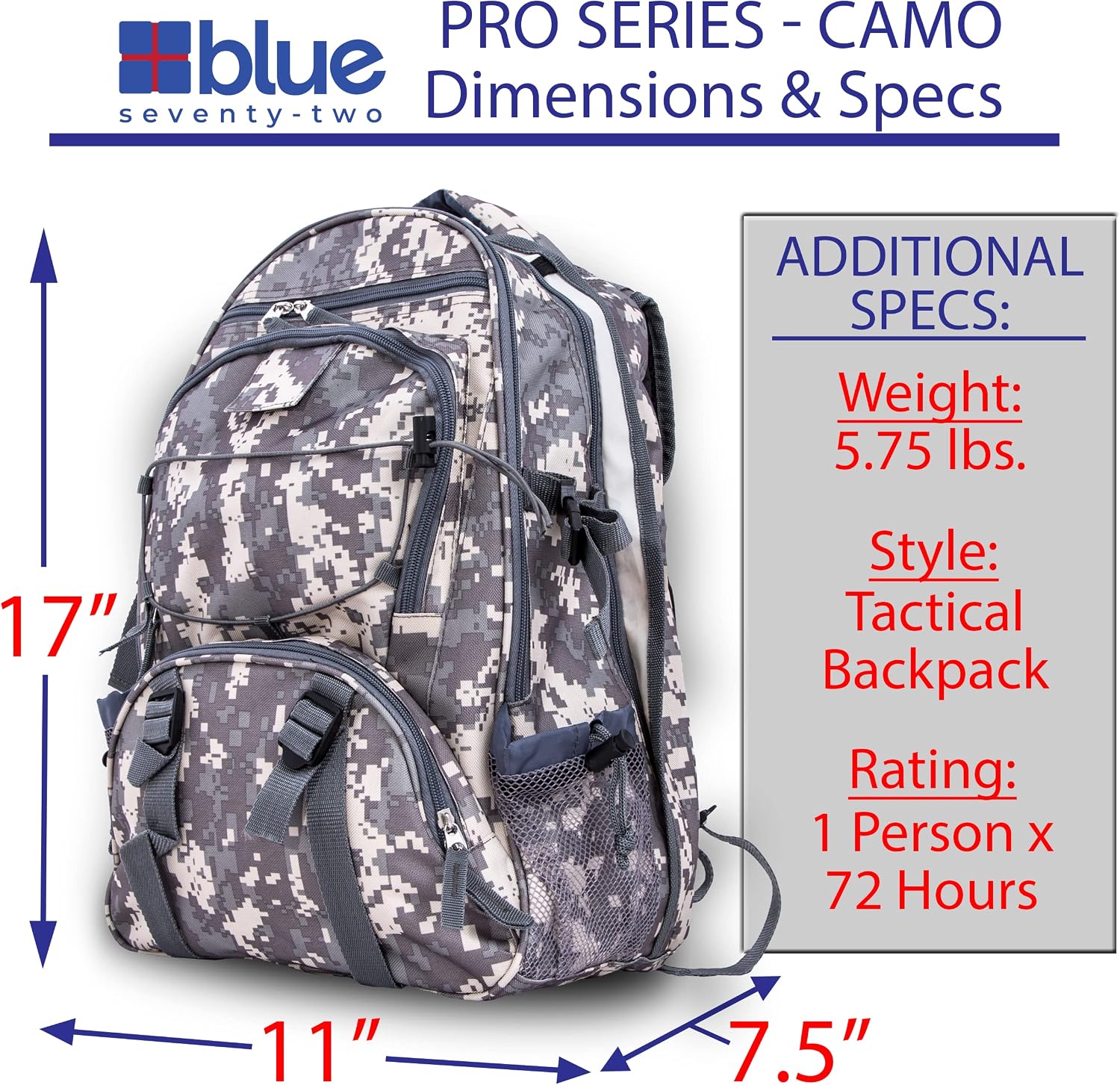 Blue Seventy-Two - Pro Series - Camo Deluxe 72 Hour Emergency Backpack Survival Kit for 1 Person | Survival Kit for Wildfires, Earthquakes, Tornado