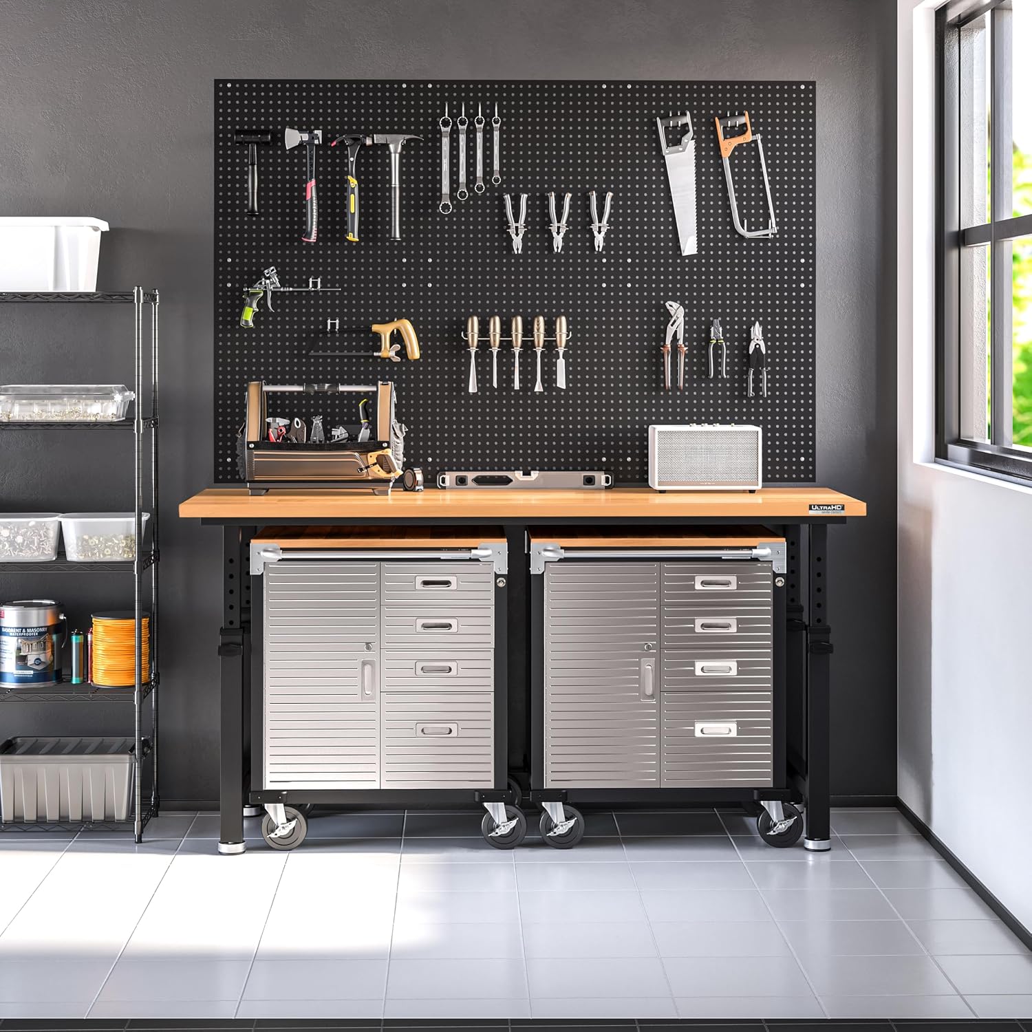 Seville Classics UltraHD Heavy Duty Rolling Cabinet Workbench Table w/Solid Wood Top, Workstation for Garage, Office, Workshop, Granite, 6-Drawer (28" W x 18" D