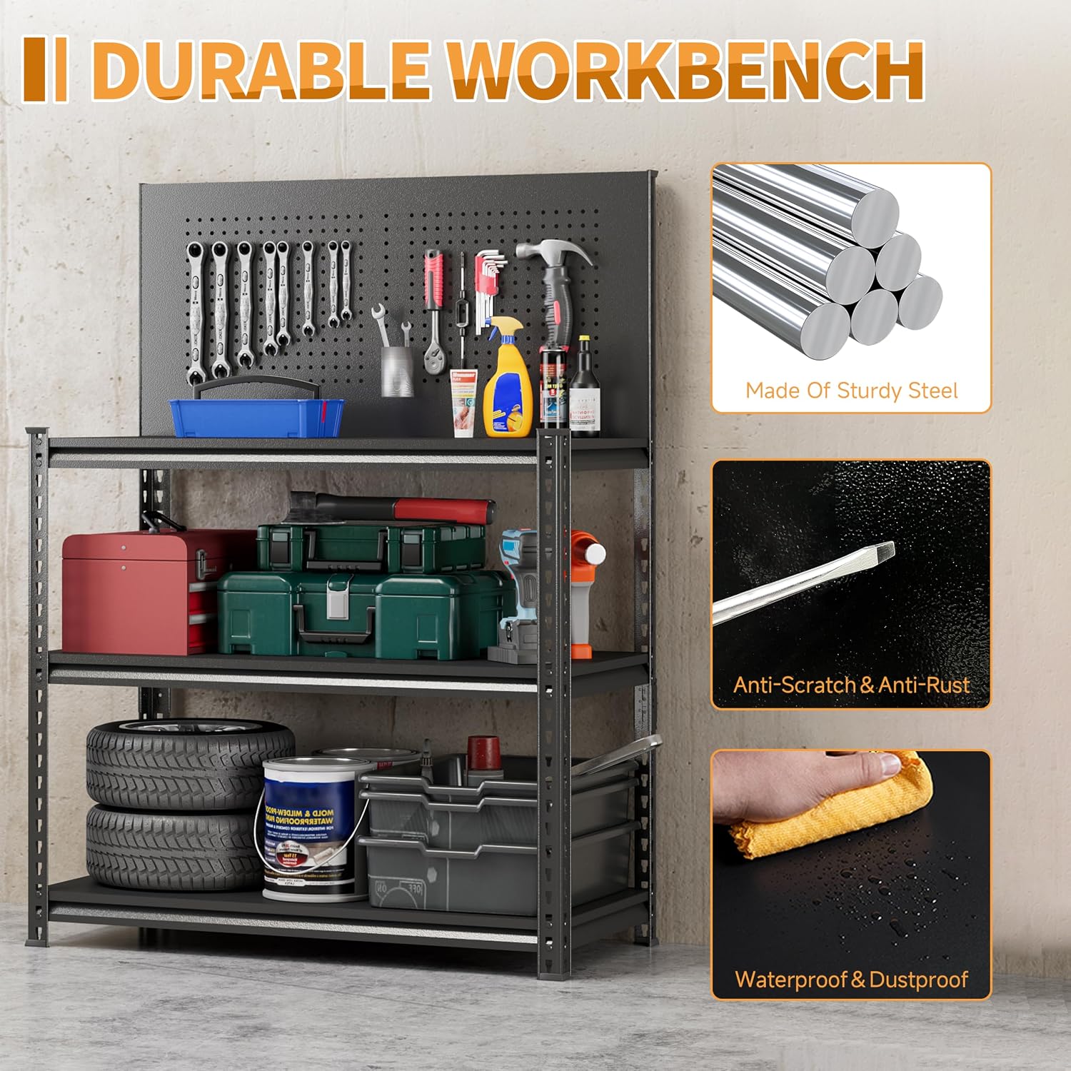 32" H Metal Garage Workbench with Wheels,3-Tier Garage Roling Tool Work Bench,Adjustable Heavy Duty Work Table on Wheels,Black Mobile Garage Workstation for Warehouse Workshop,Screwless Design