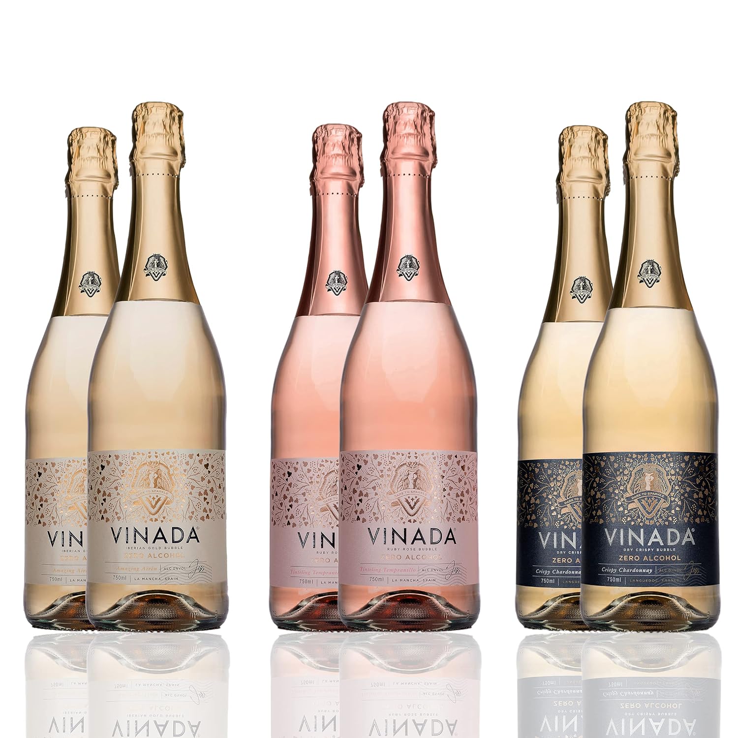 VINADA - Sparkling Gold & Rosé Variety Pack - Zero Alcohol Wine - 750 mL (6 Glass Bottles)
