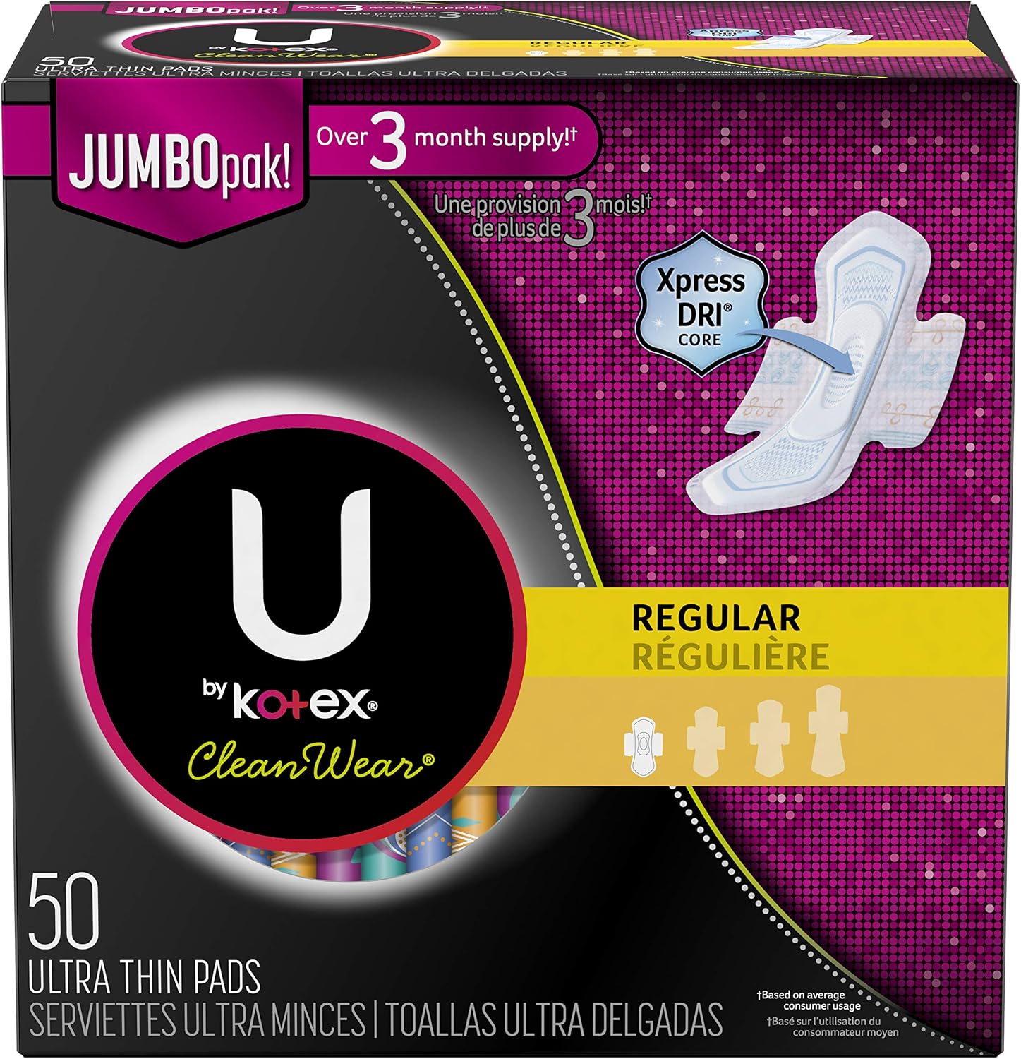 U by Kotex CleanWear Ultra Thin Feminine Pads with Wings, Regular, Fragrance-Free, 50 Count
