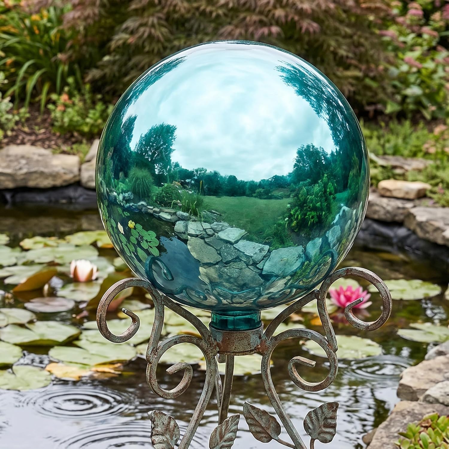 Sunnydaze 10-Inch Handblown Mirrored Glass Gazing Ball, Red | Reflective Outdoor Garden Globe Sphere, for Yard, Patio, Flower Bed, Walkway, and Landscape Decor, Stainless Steel Finish