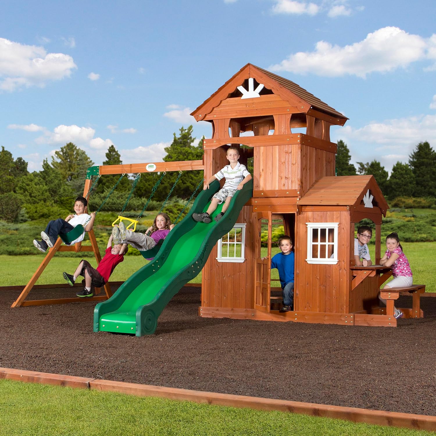 Backyard Discovery Shenandoah Cedar Wood Swing Set with Wave Slide, Raised Clubhouse, Playhouse, Play Kitchen, Belt Swings, Trapeze, Rock Wall, Ladder