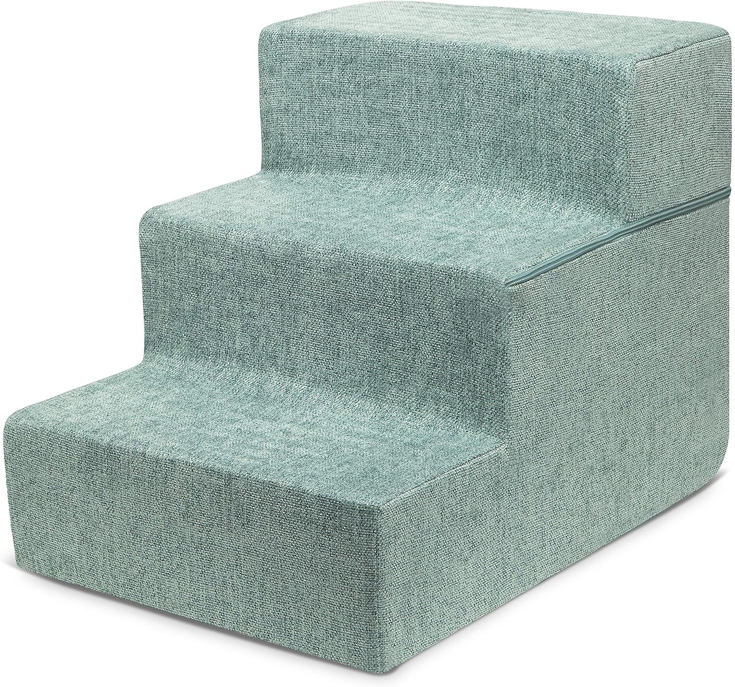 Best Pet Supplies Non-Slip Foam Dog Stair & Pet Ramp, Balanced Indoor Step Support - Foldable Stair, Ash Gray Linen,3-Step