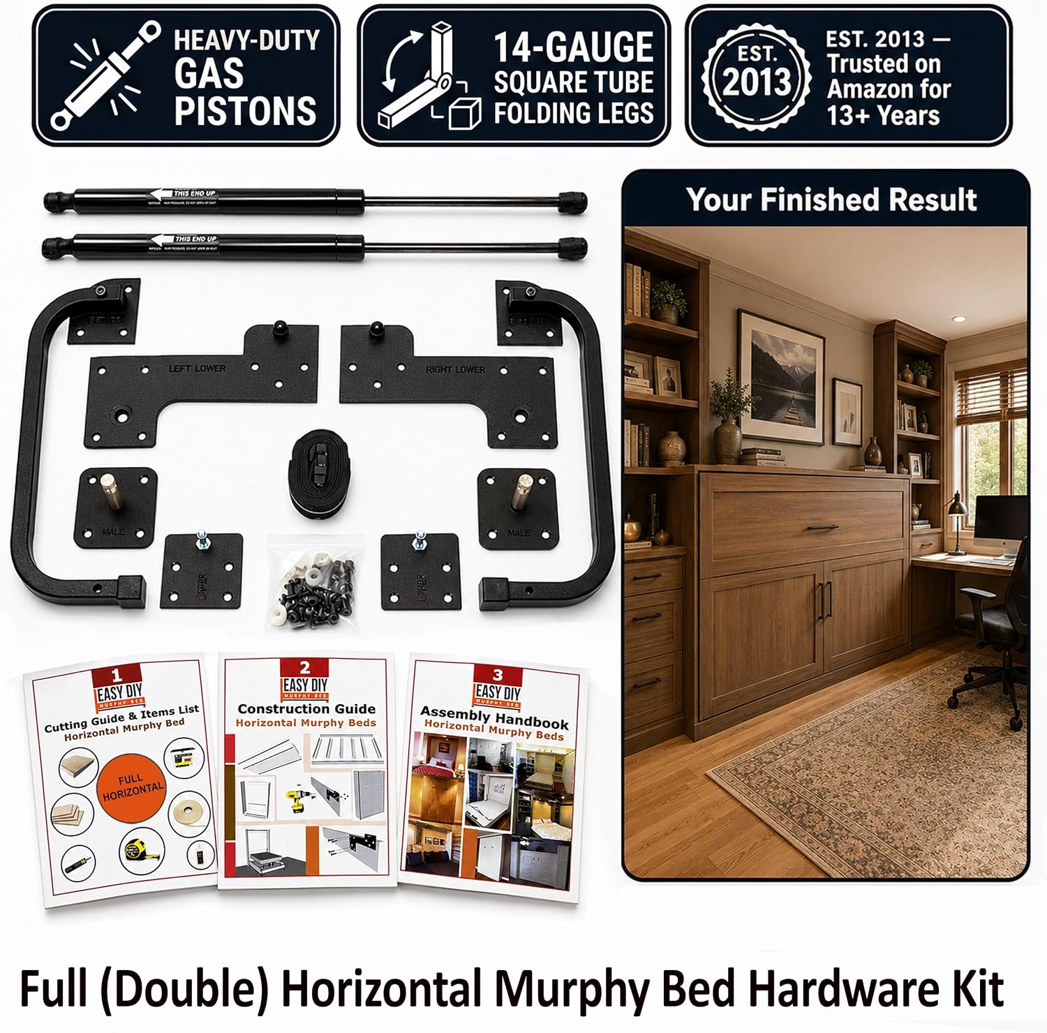 Queen Size Murphy Bed Hardware Kit — Vertical Wall Bed Frame | DIY Murphy Bed Kit with Gas Pistons + 3 Step-by-Step Guides | Made in North America | Hideaway Bed Mechanism