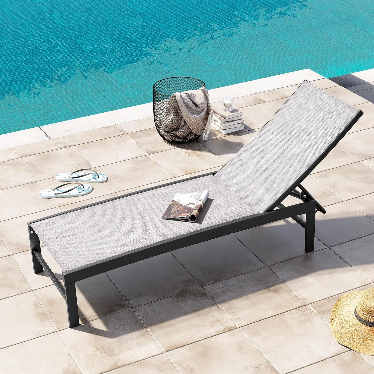 Crestlive Products Outdoor Pool Lounge Chairs Set of 2 with Side Table, Adjustable Five-Position Recliner for Beach, Pool, Sunbathing, Lawn