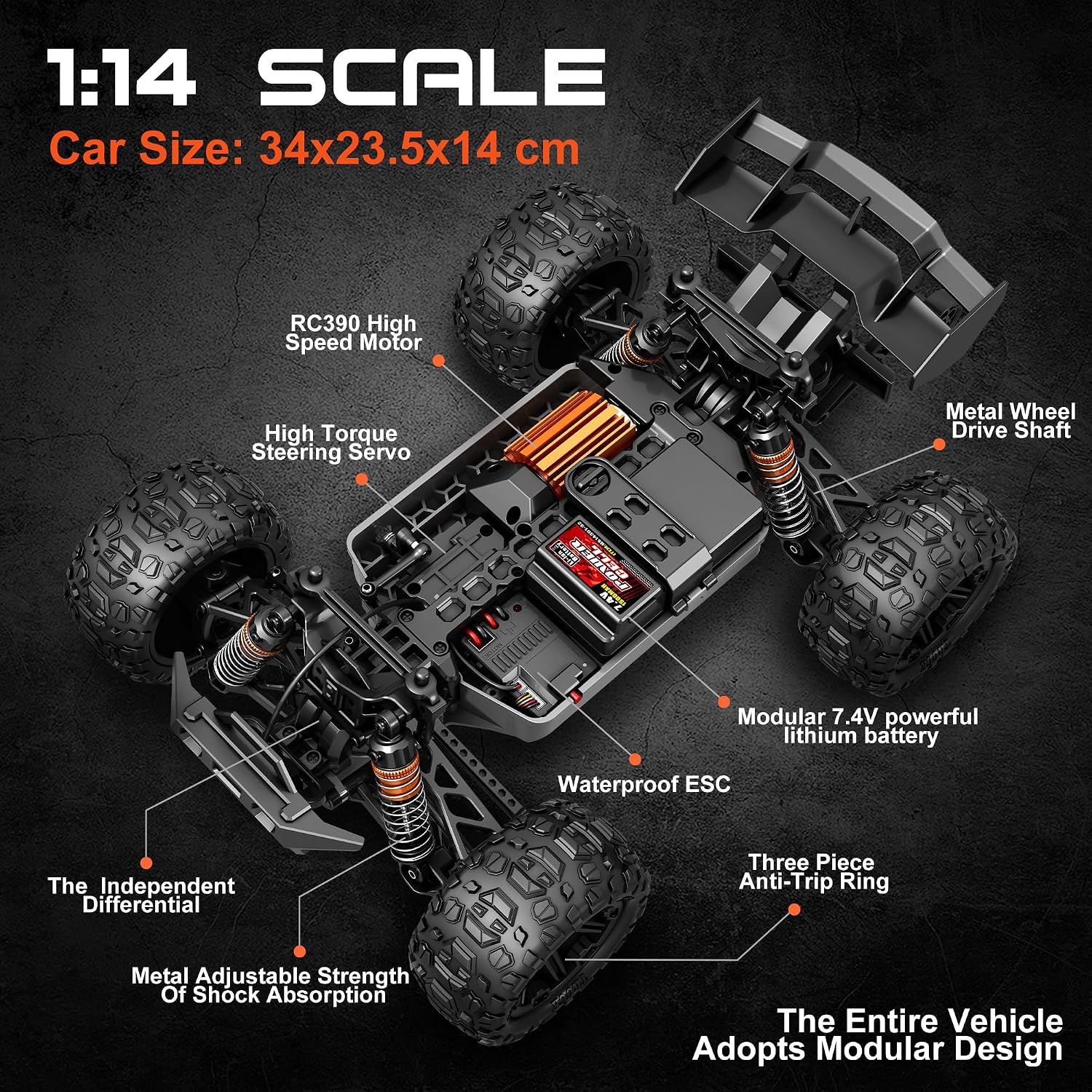 1:14 Scale All Terrain RC Cars for Adults & Boys (HS14323), Max Fast 40+ KPH, 4WD Off-Road RC Truck for Snow & Sand & Mud, 4X4 Waterproof Remote Control Car with 2 Rechargeable Batteries