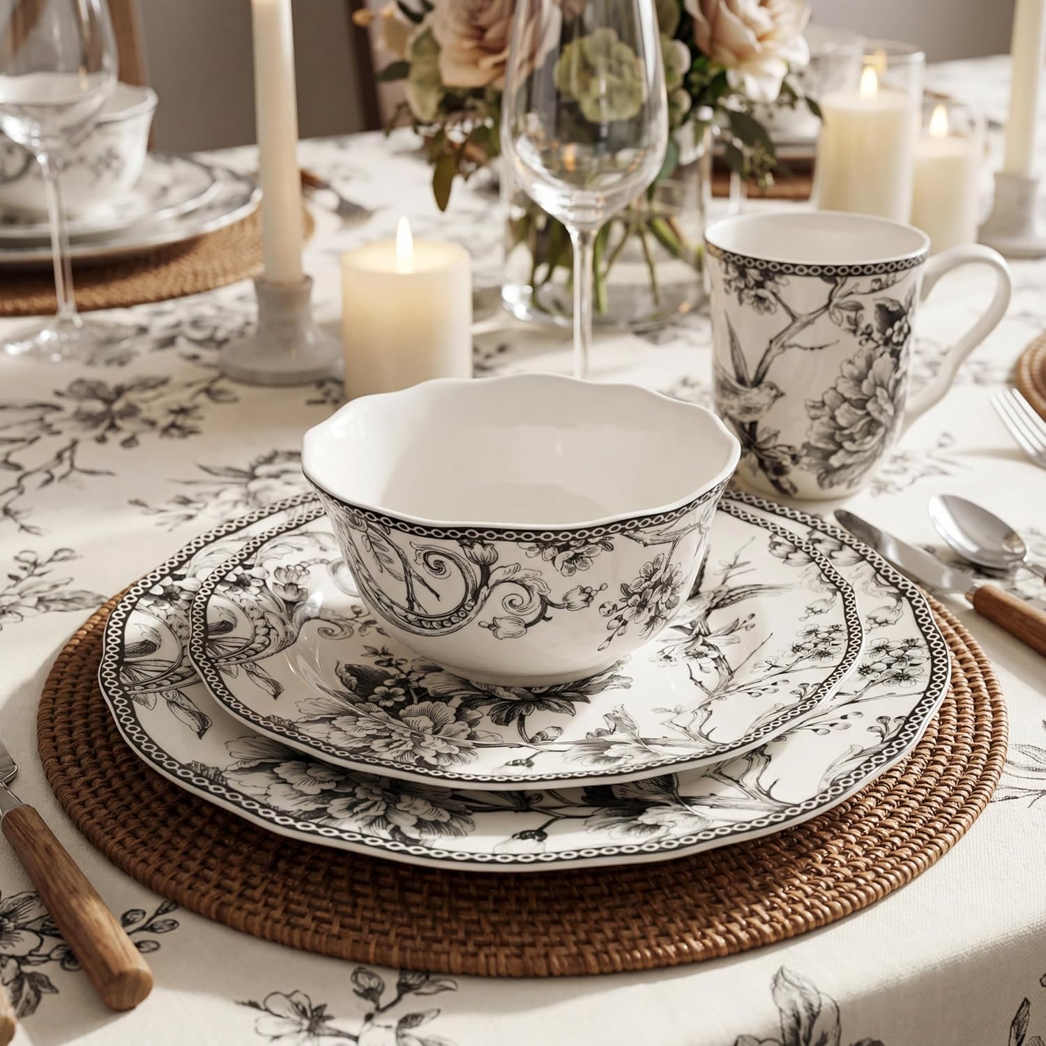 222 Fifth Adelaide 16-Piece Black Porcelain Dinnerware Set – Service for 4, Featuring Hand-Applied Romantic Woodland Bird Design