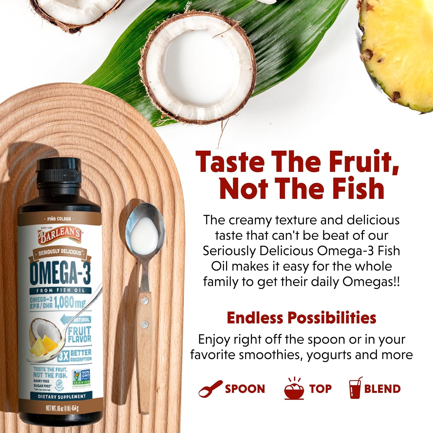 Barlean's Mango Peach Omega-3 Fish Oil, Vitamin D, 1080mg EPA & DHA, 8oz | Wild-caught fish oil plus vitamin D, EPA DHA omega-3, Burpless, Non-GMO, Gluten-free, Heart, brain, bone & immune