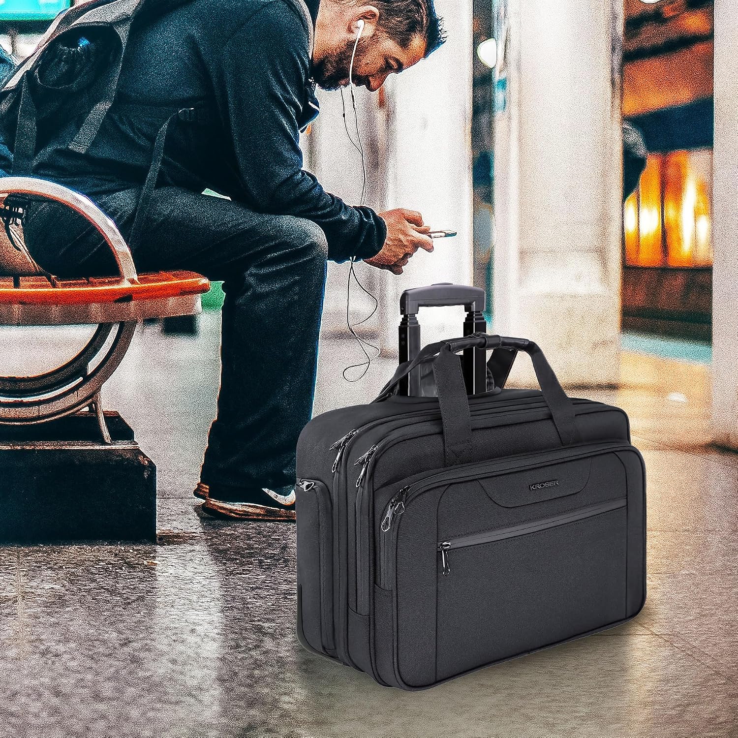 KROSER 17.3 Inch Rolling Laptop Computer Bag,Wheeled Briefcase，Roller case