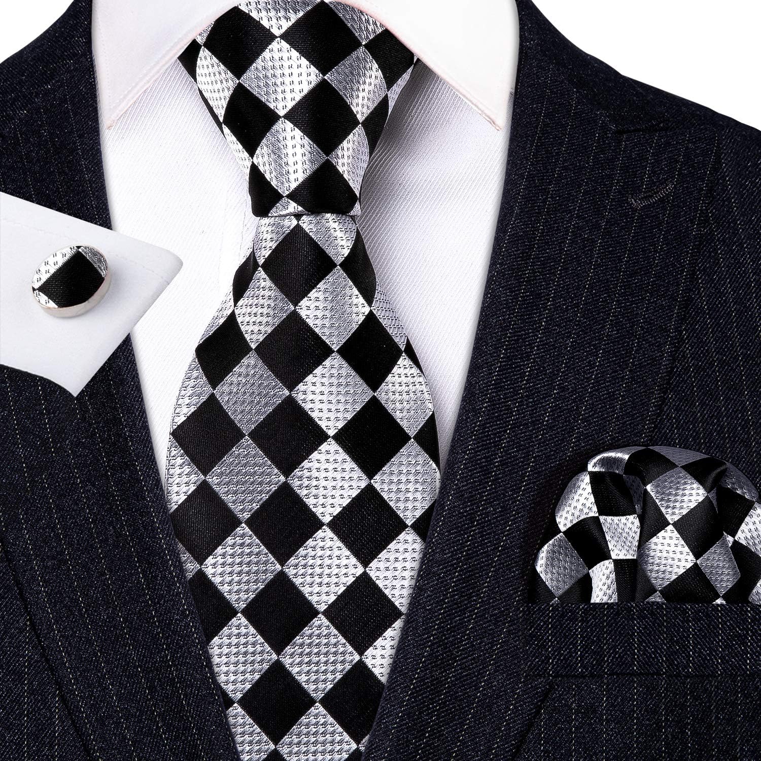 Barry.Wang Plaid Ties for Men Silk Necktie Handkerchief Cuff Links Set