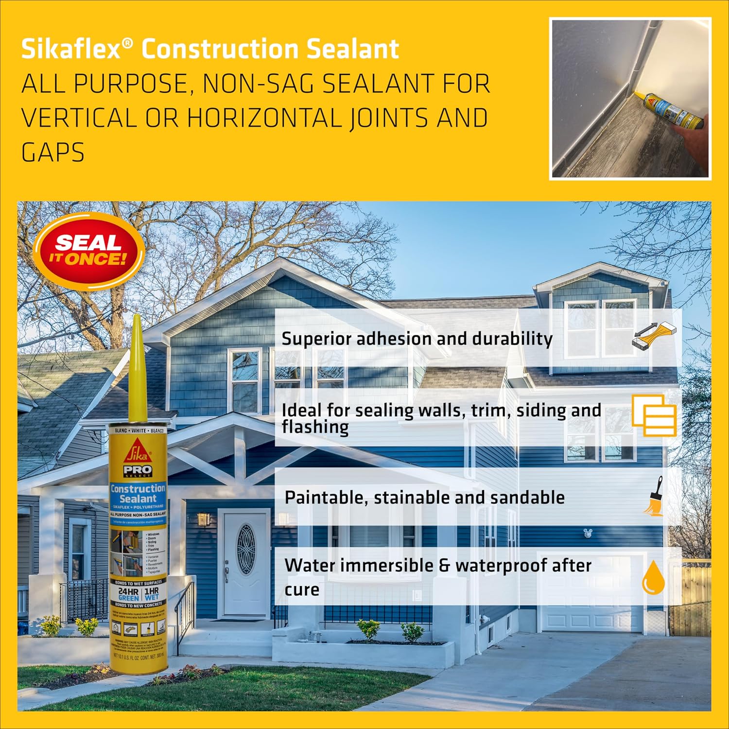SIKA Sikaflex Construction Sealant - White, All-Purpose Polyurethane for Joints 1/2" or Smaller - 10.1 fl. oz - Weatherproof, High Elasticity, Paintable, Strong Adhesion