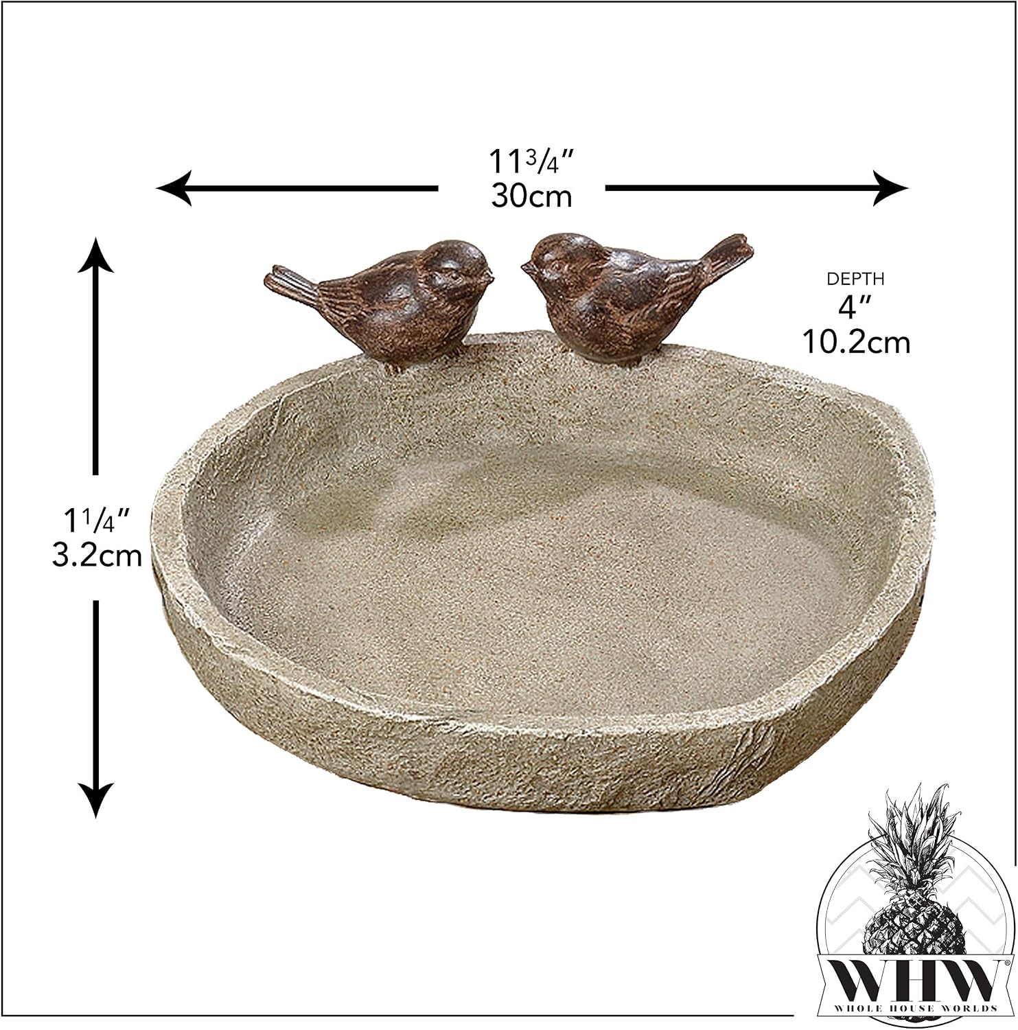 Bird Bath with 2 Snails, Off White Stone Finished Basin and Brown, All Weather Poly Resin, 8 1/4 inches Diameter (21cm)