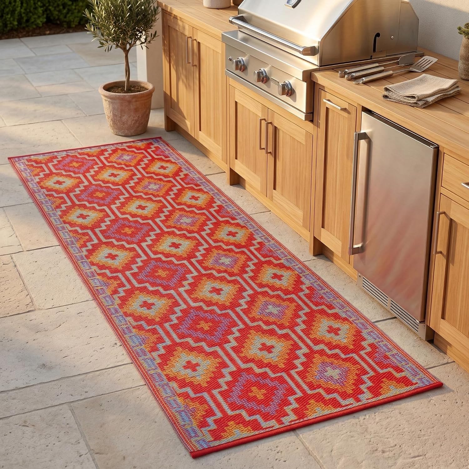 Fab Habitat Outdoor Rug - Waterproof, Fade Resistant, Crease-Free - Premium Recycled Plastic - Geo Tribal - Porch, Deck, Balcony, Mudroom