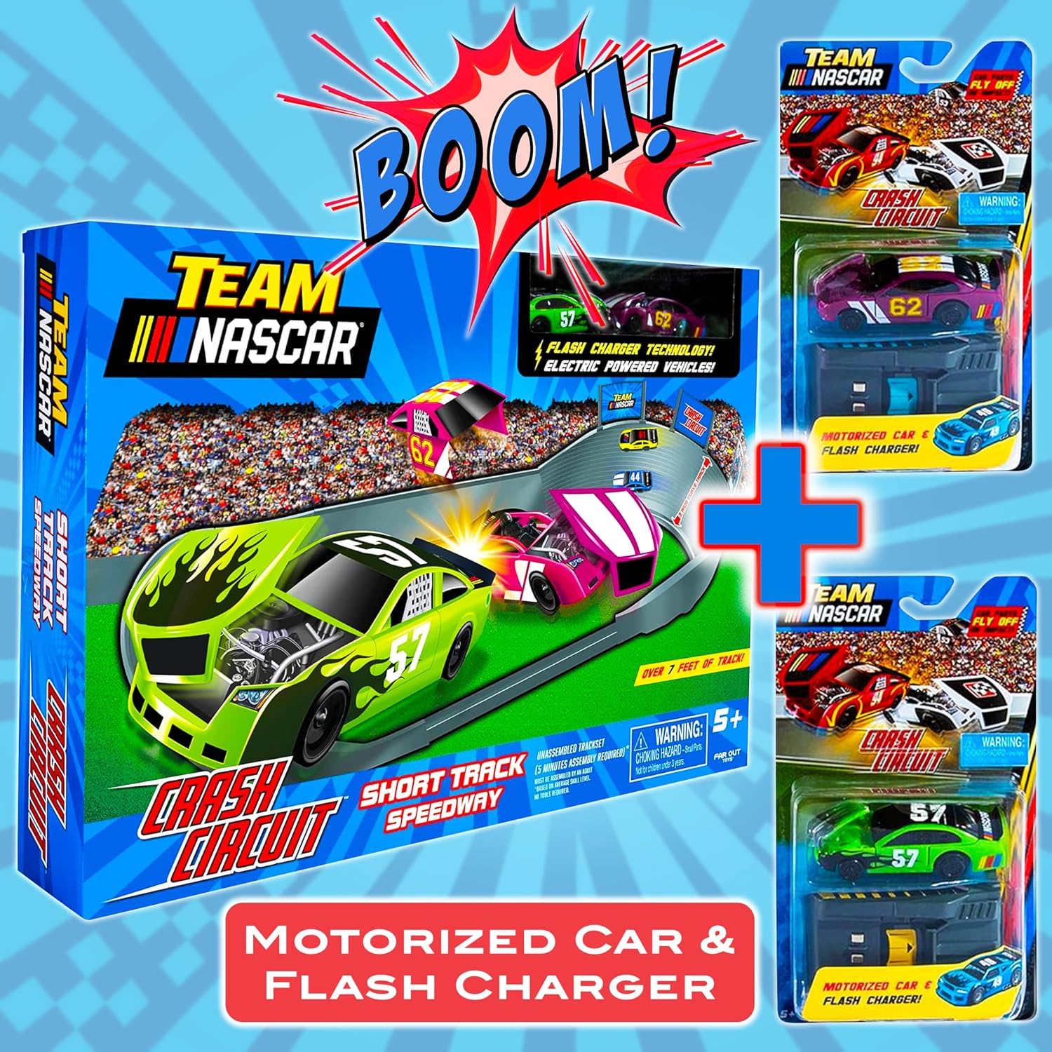 Slot Car Race Track Sets | NASCAR Crash Circuit Short Track | 2 Electric Powered Cars with Flash Chargers | Race Tracks for Kids Ages 4-8 | Car