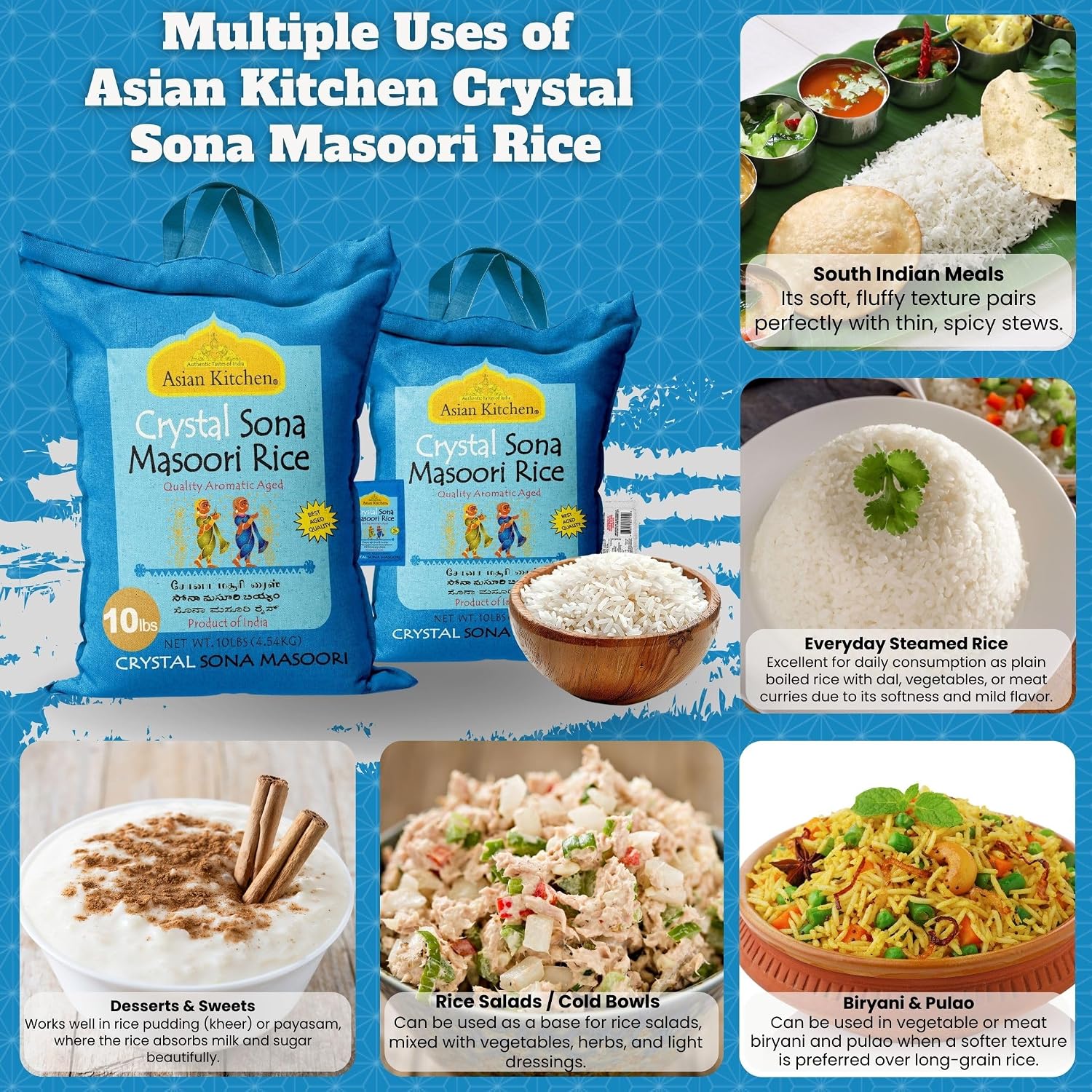 Asian Kitchen White Sona Masoori Aged Rice 20-Pound Bag, 20lbs (9.08kg) Short Grain Rice ~ All Natural | Gluten Friendly | Vegan | Kosher | Indian Origin | Export Quality