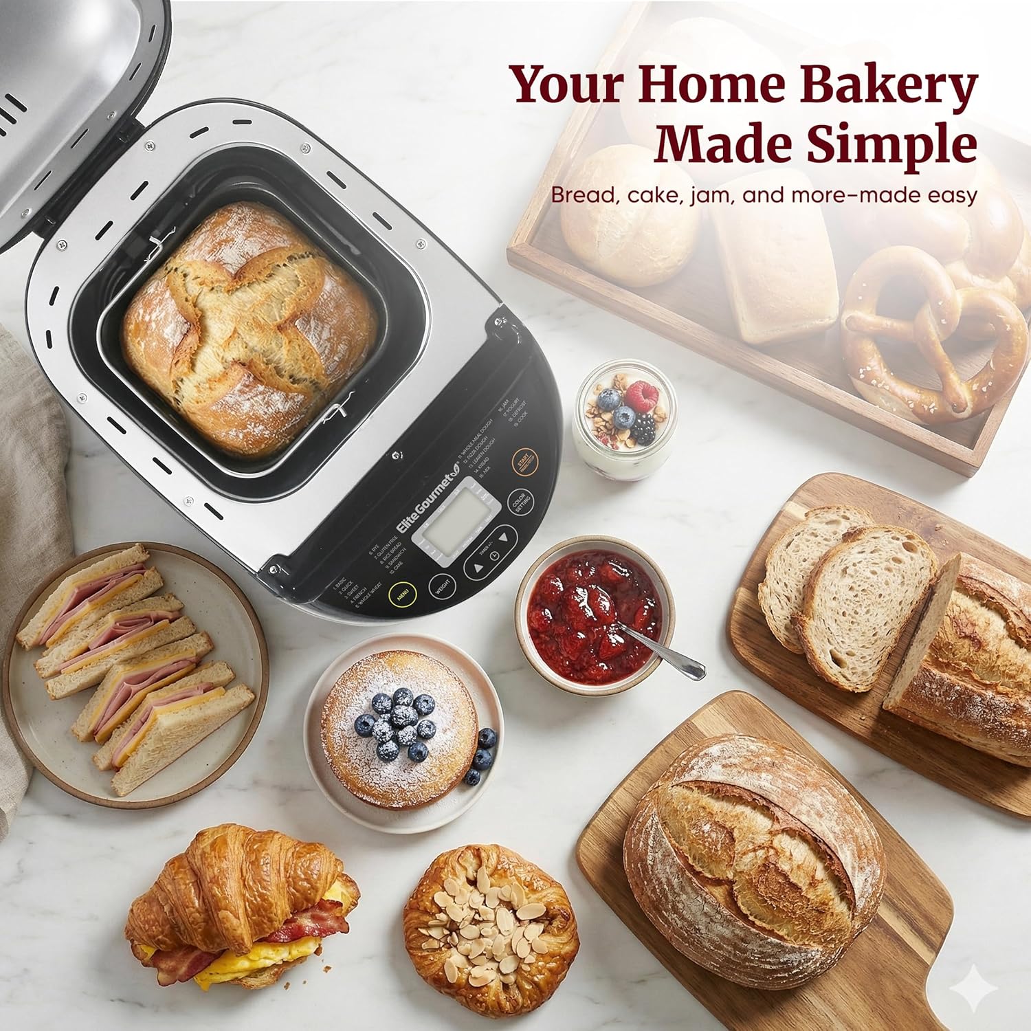 Elite Gourmet Programmable Bread Maker, 2 Lb, 3 Sizes, 19 Presets, Black