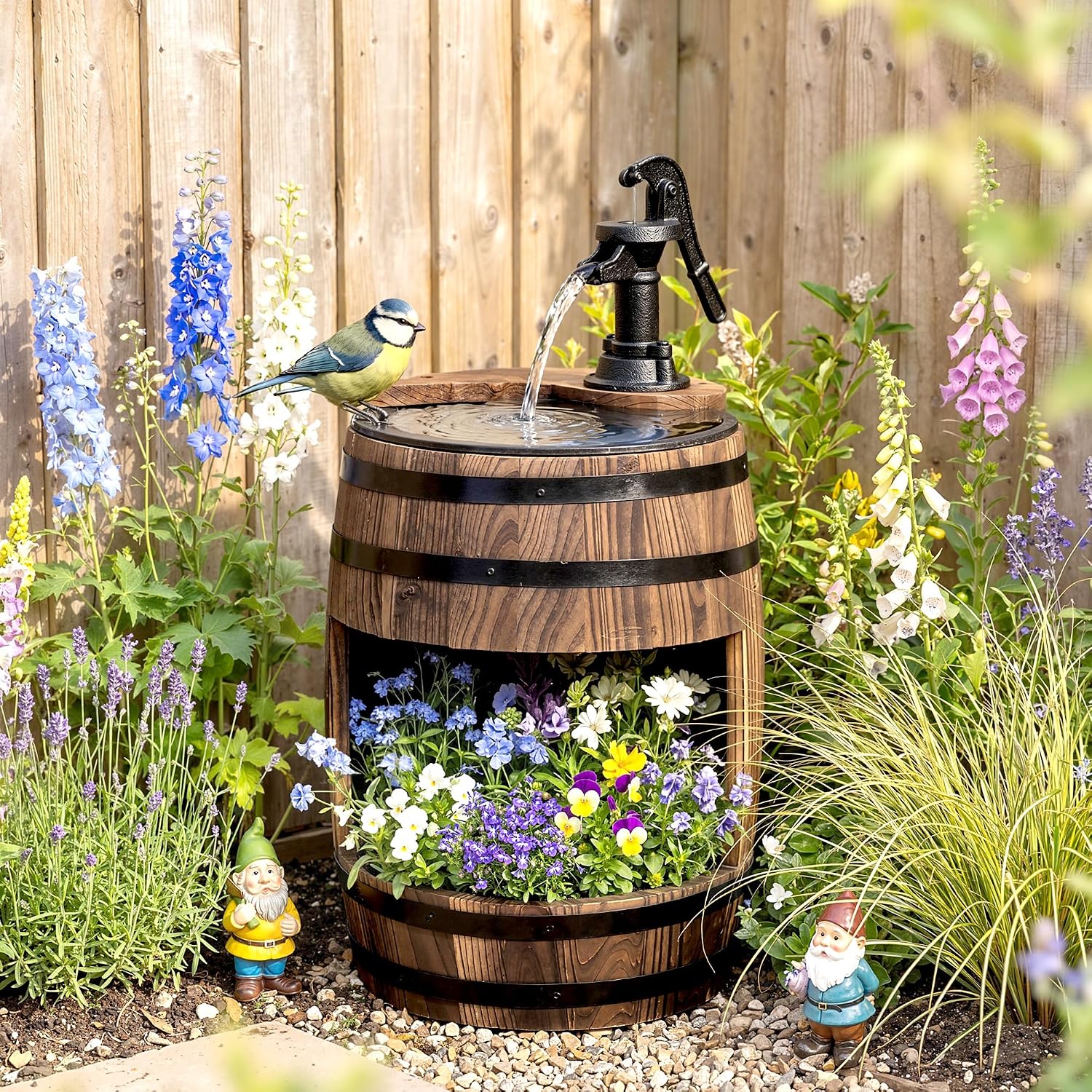 Outsunny 23" H Outdoor Water Fountain Wood and Plastic Rustic Apple Barrel | Pump, Garden Decor, Outside Backyard