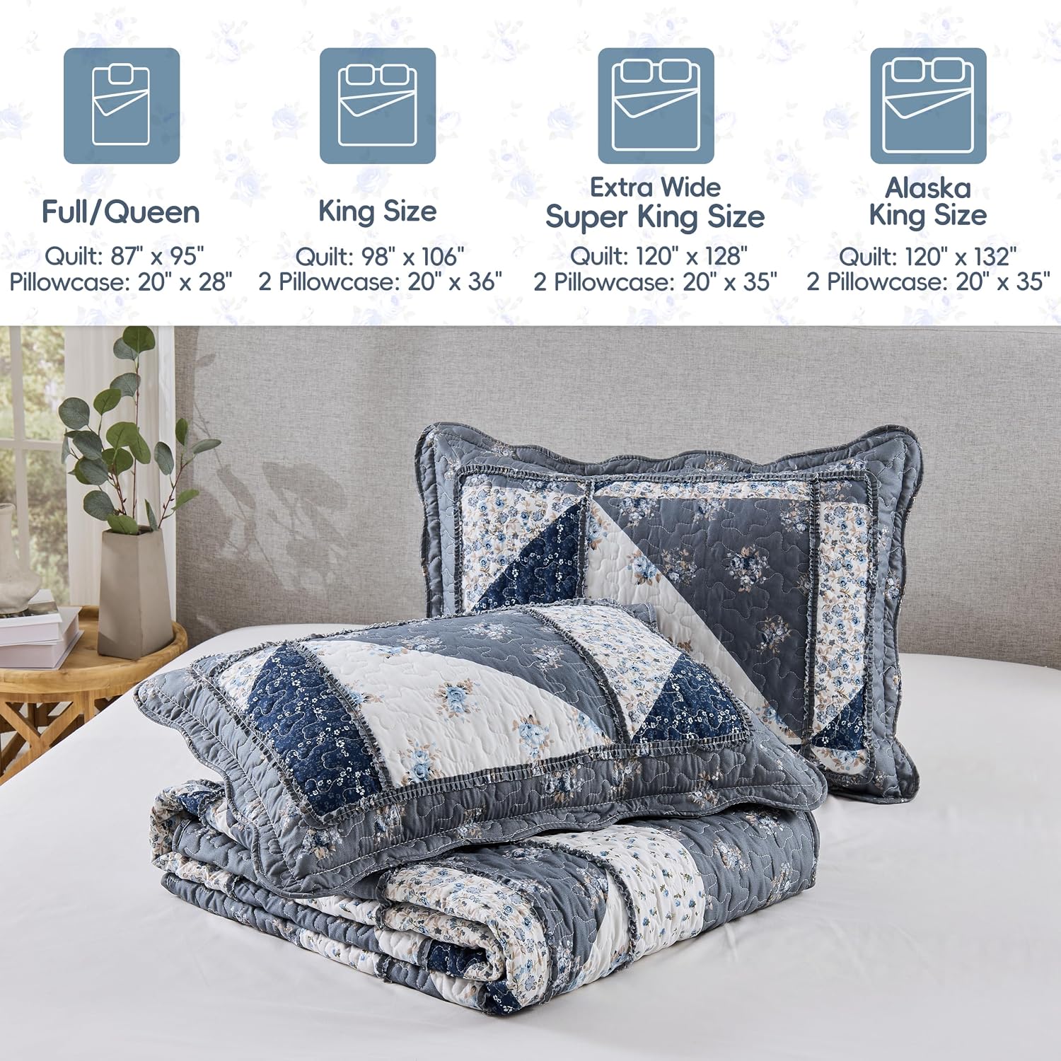 VIVILINEN Blue Floral Patchwork Quilt Set, Full Queen Size, 3 Piece Bedding Set with 2 Pillowcases