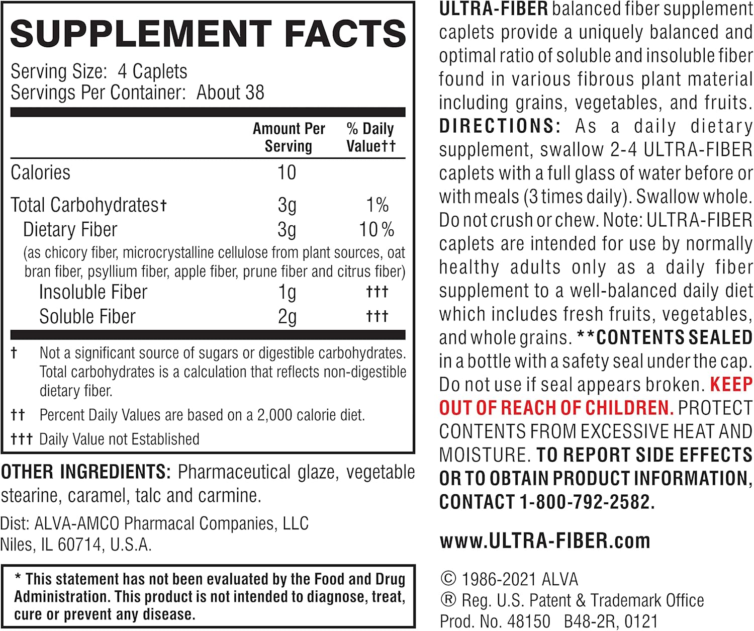 Ultra-Fiber High Fiber Supplement, Soluble & Insoluble Fiber, 150 Count | Coated, easy-to-swallow caplets provide 48% more fiber for comfortable