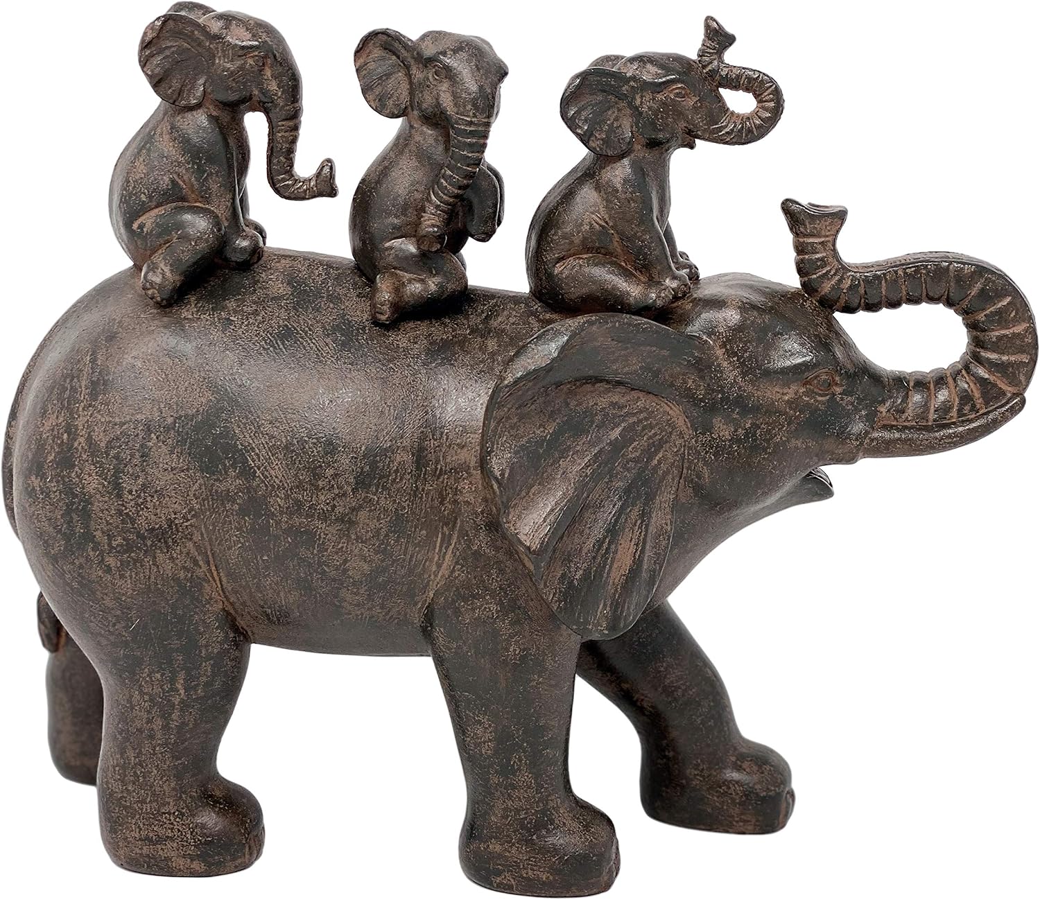 Nature's Mark 8" H 3 Baby Elephants Riding an Elephant Resin Statue Figurine Home Decorative Accent Decor (Brown)