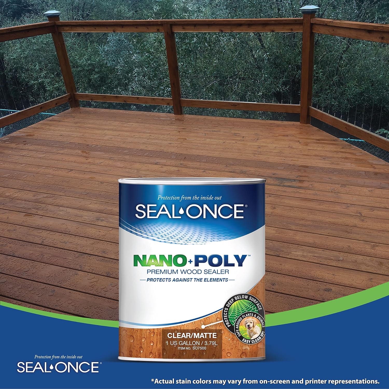 Seal-Once Nano+Poly Wood Sealer and Waterproofer, Clear, 1 Gallon | With Polyurethane, Water-based, Low-VOC, Waterproofer & Stain, For Decks, Fences & Log Homes