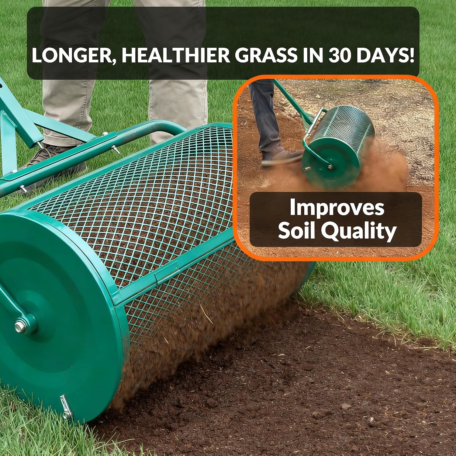 Compost Spreader, 24 Inch Compost and Peat Moss Spreader Roller with T Shaped Handle, Powder-Coated Steel Garden Peat Moss Roller