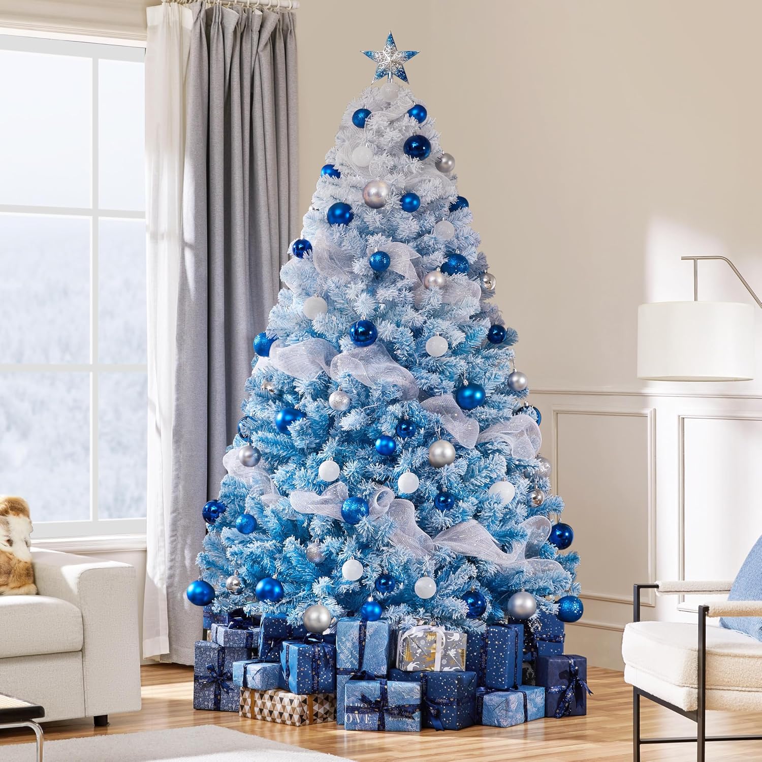 Yaheetech 7.5ft Pre-Lit Snow Flocked Artificial Christmas Tree, 550 Lights