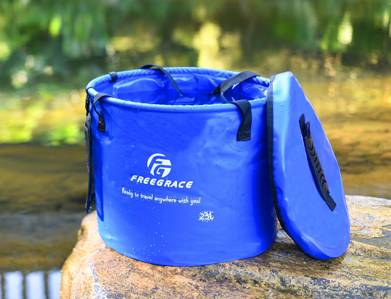 Freegrace Collapsible Bucket with Mesh Tool Pocket - 10L, 16L & 23L Portable Folding Water Container - Heavy Duty 500D Tarpaulin, BPA-Free Wash Basin for Camping, Fishing, RV, and Car Washing