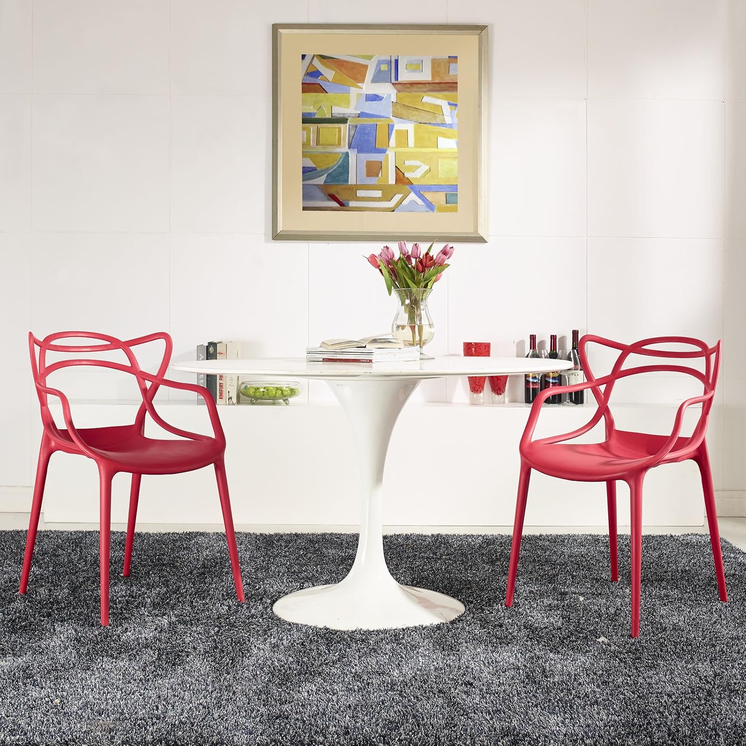Contemporary Modern Urban Designer Dining Kitchen Room Side Dining Chair, Set of Two Red Plastic